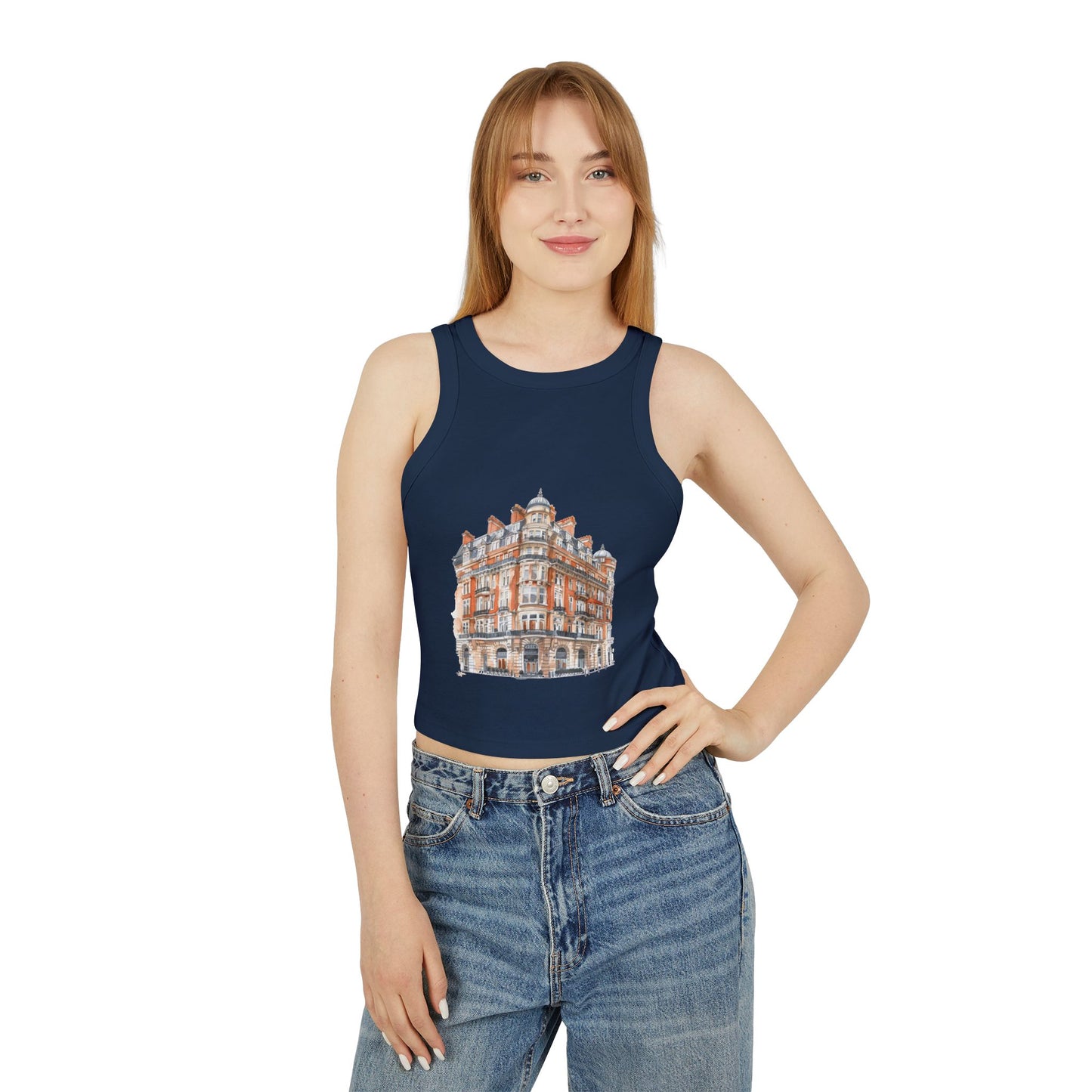Women's Micro Rib Racer Tank Top - British Vintage Building - Architectural Charm and Classic Appeal