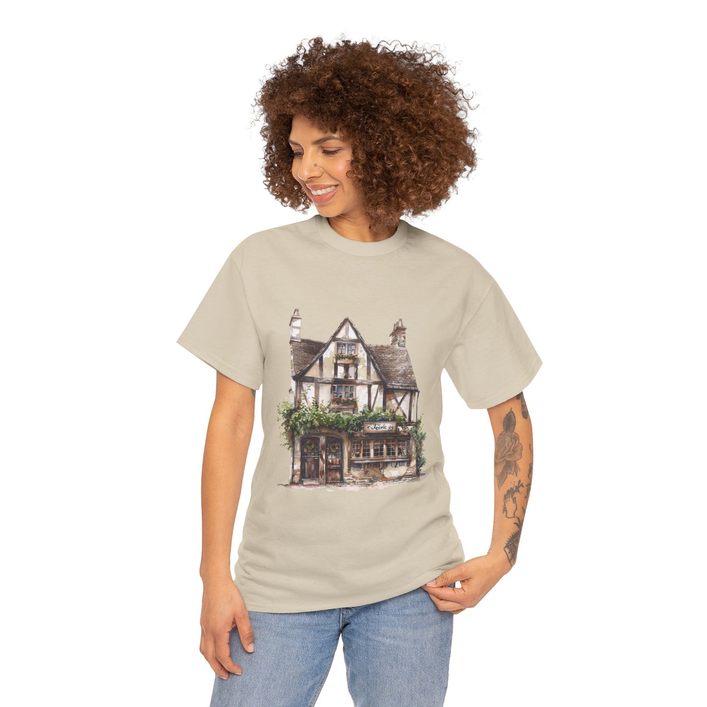 Unisex Heavy Cotton Tee - Cottages & Cobblestones - A British Village Dream