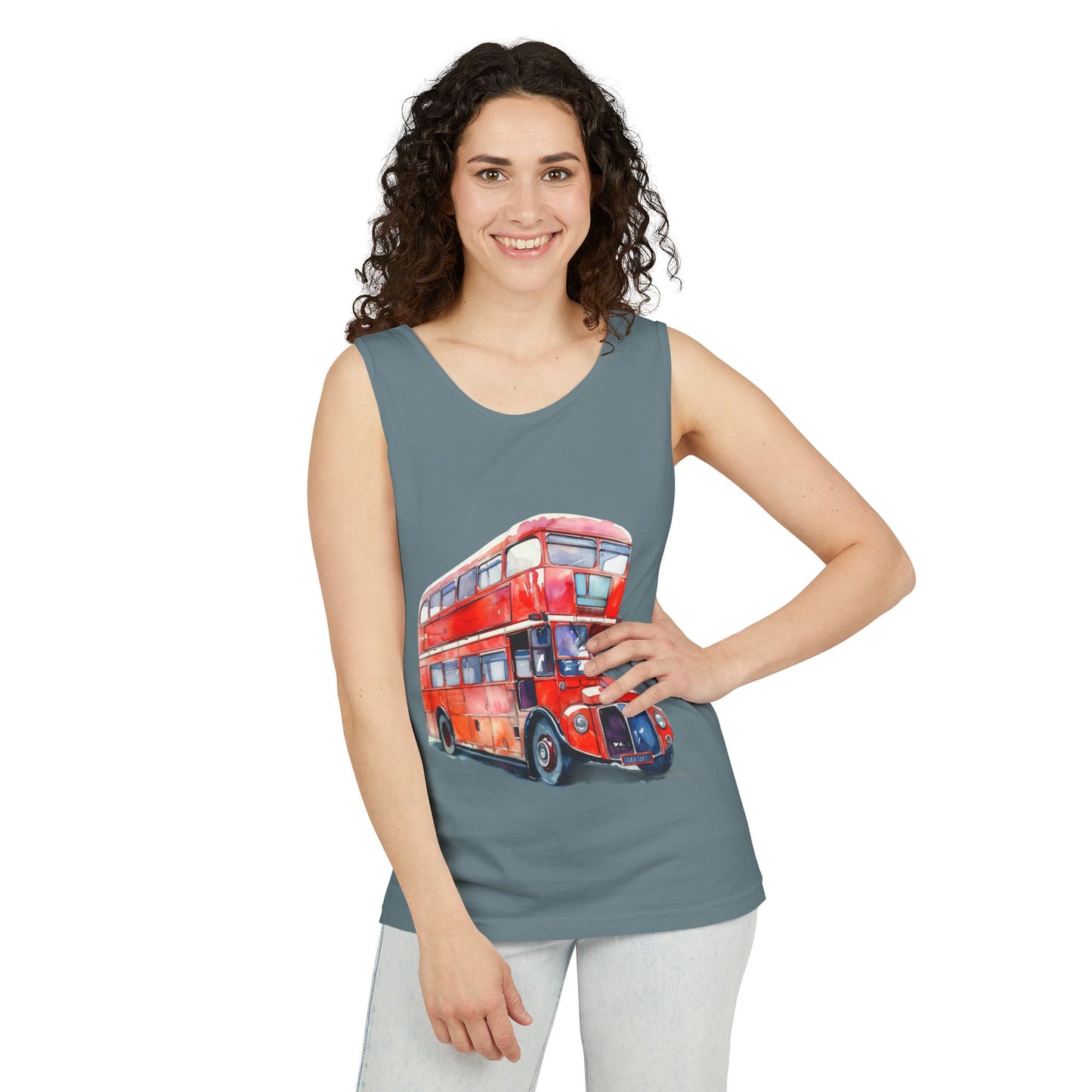 Unisex Garment-Dyed Tank Top - Classic London Double-Decker Bus Artwork