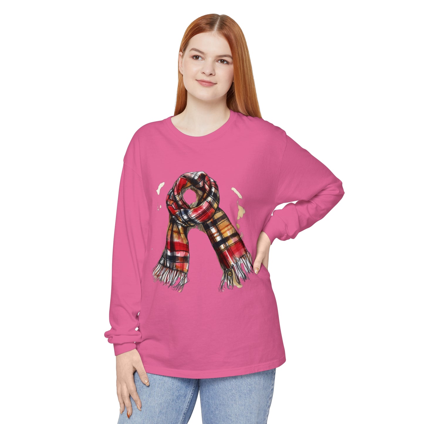 Unisex Garment-dyed Long Sleeve T-Shirt - Classic British Plaid Scarf Design