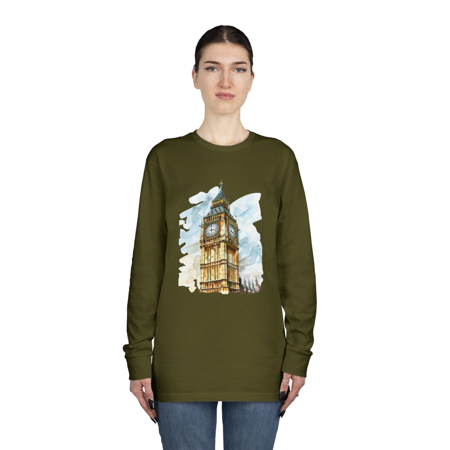 Long Sleeve Crewneck Tee - Towering Time - Big Ben and British Heritage