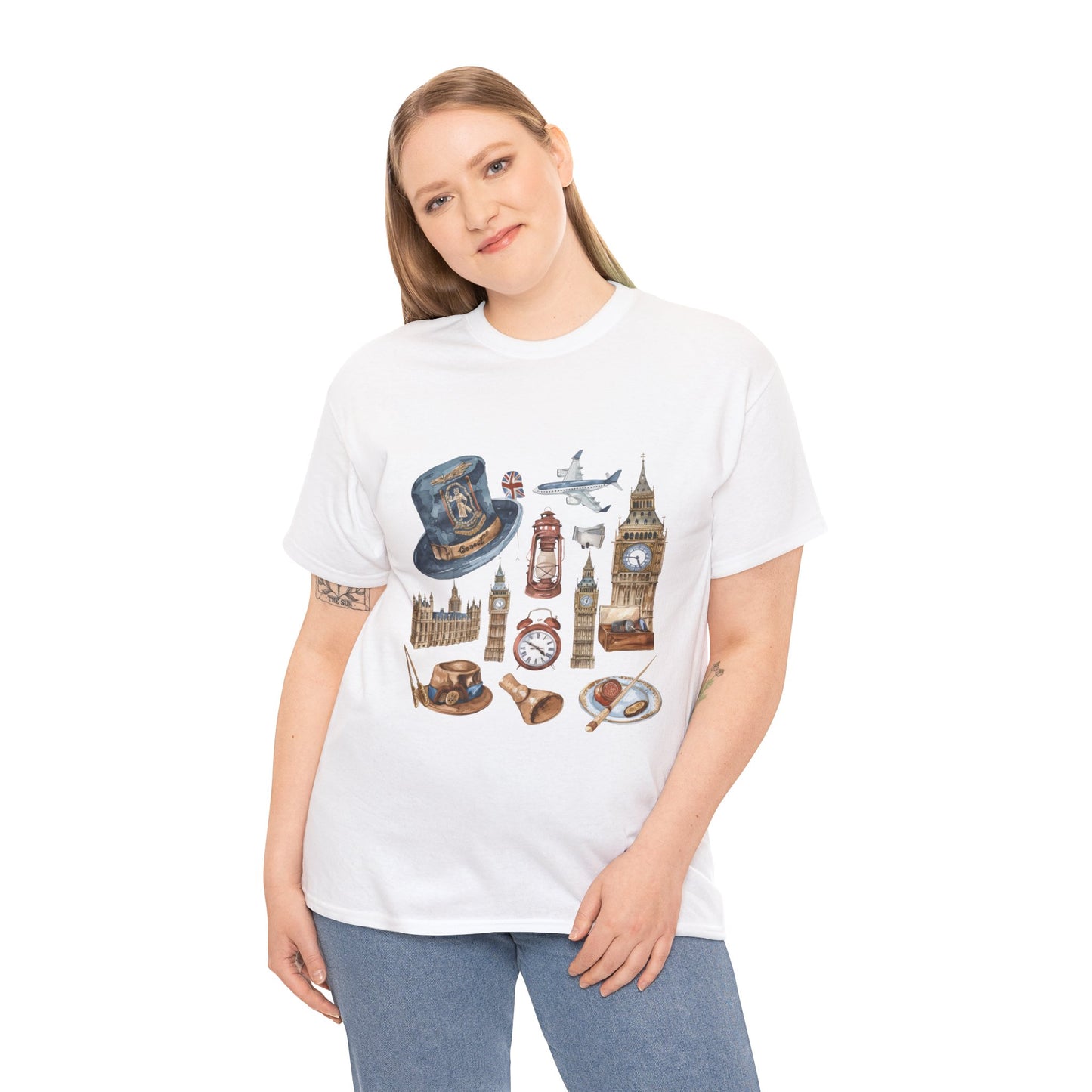 Unisex Heavy Cotton Tee - Icons of England - From Big Ben to Red Buses