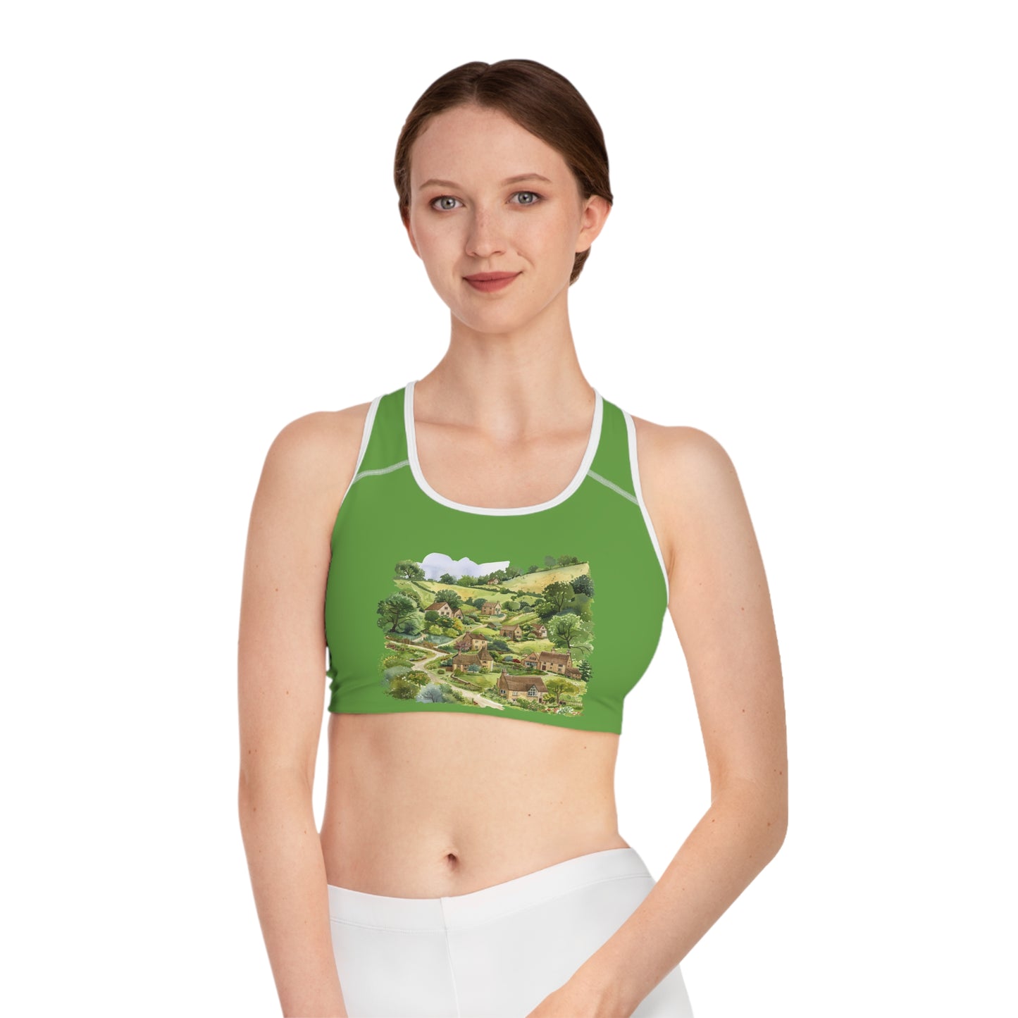 Eco-Friendly Sports Bra with Scenic Village Design - British Nature - Scenic Landscapes