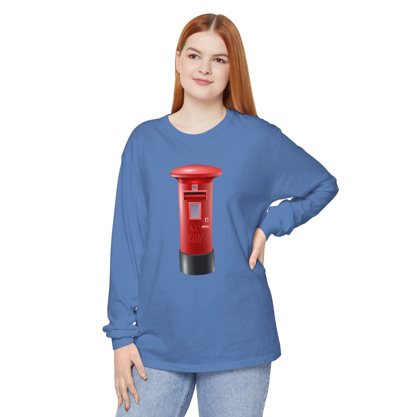 Unisex Garment-dyed Long Sleeve T-Shirt - Classic UK Royal Mailbox Design - British Postbox Icon