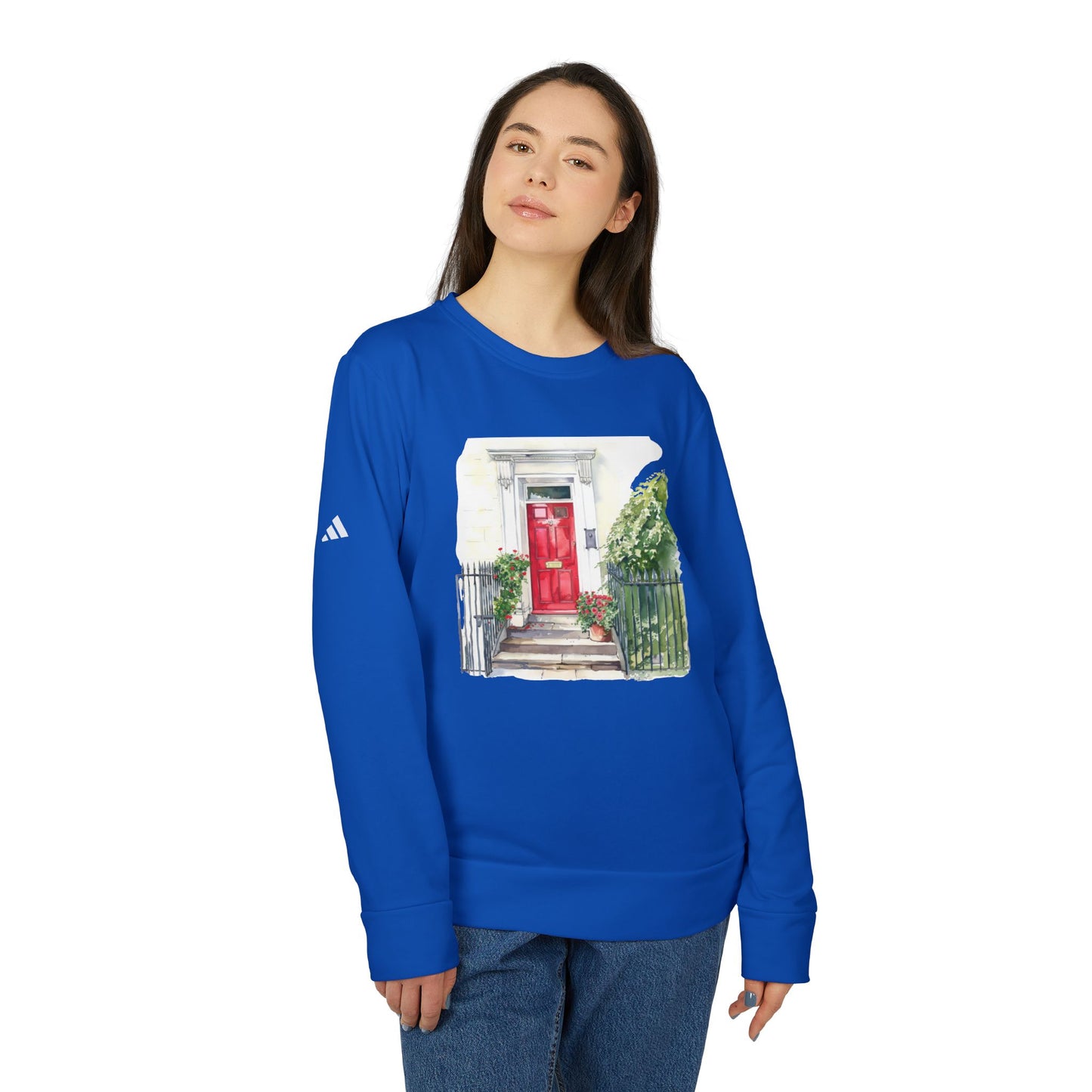 Adidas Unisex Fleece Crewneck Sweatshirt - Cozy Grey Sweatshirt with Red Door Design for Home Lovers