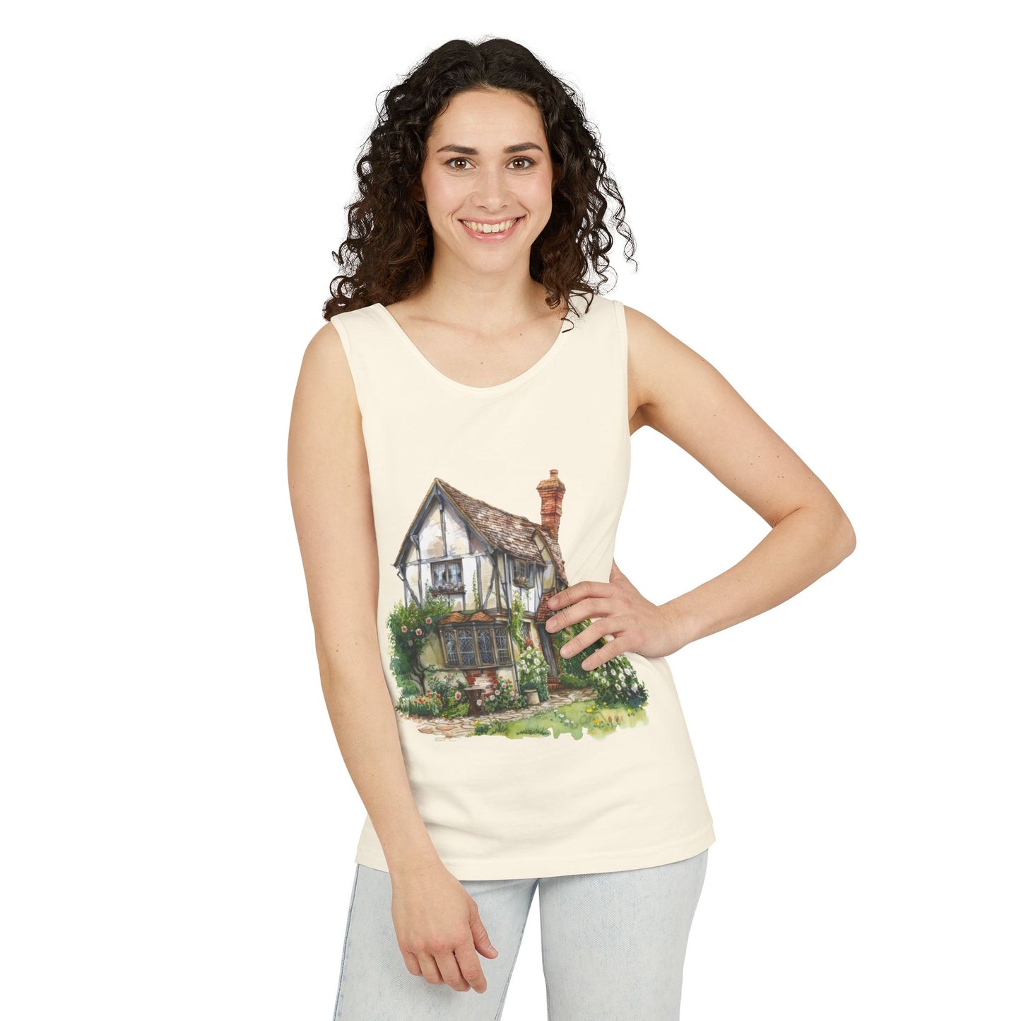 Unisex Garment-Dyed Tank Top - Charming English Cottage Illustration Print