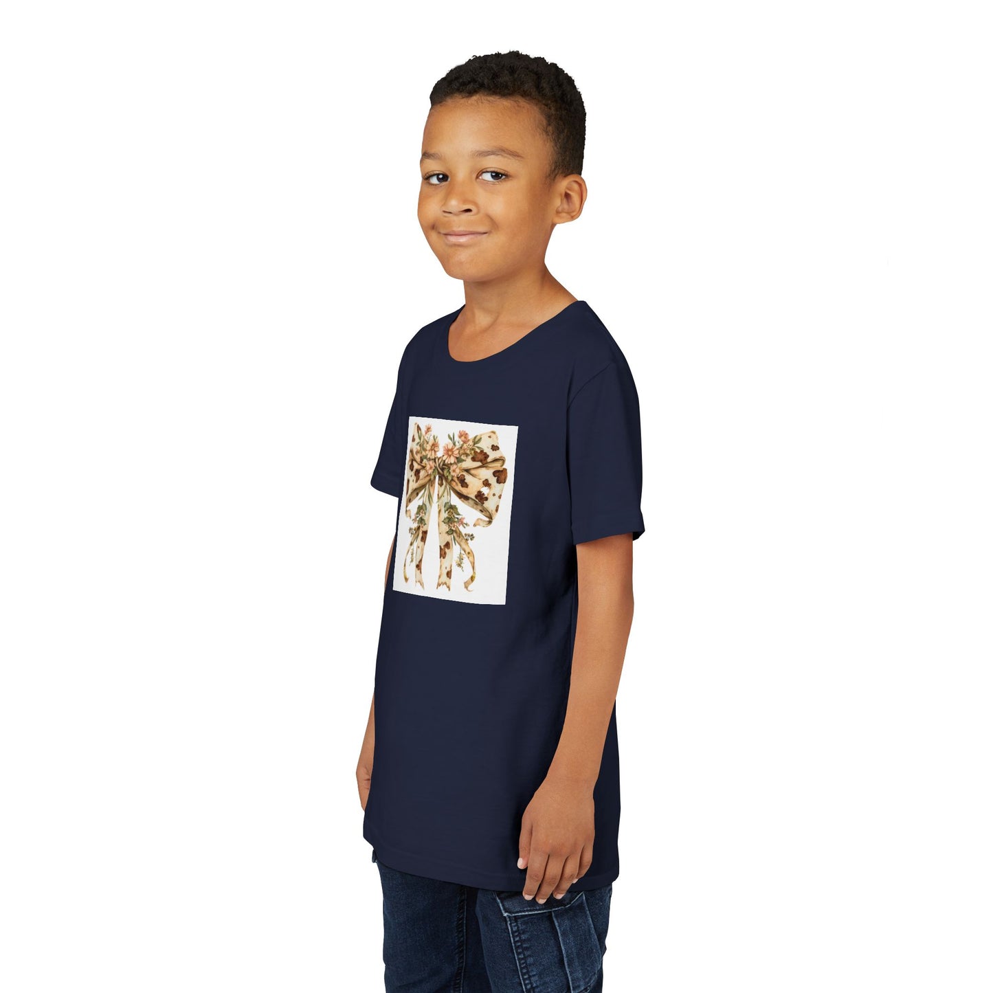 Youth Tee - Country Style Cow Print Bow with Wildflowers - Cute Kids Short Sleeve Shirt