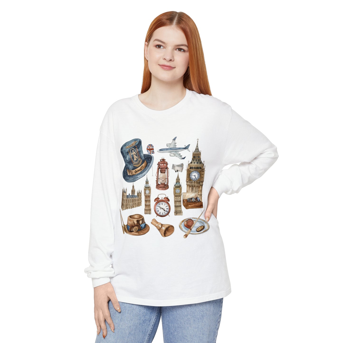 Unisex Garment-dyed Long Sleeve T-Shirt - A Collection of Iconic UK Imagery