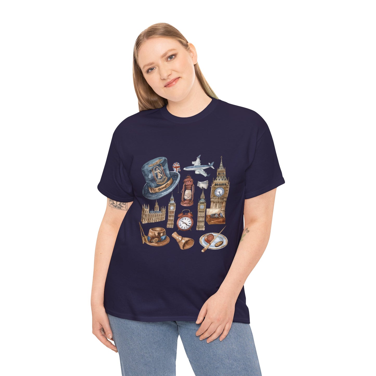 Unisex Heavy Cotton Tee - Icons of England - From Big Ben to Red Buses