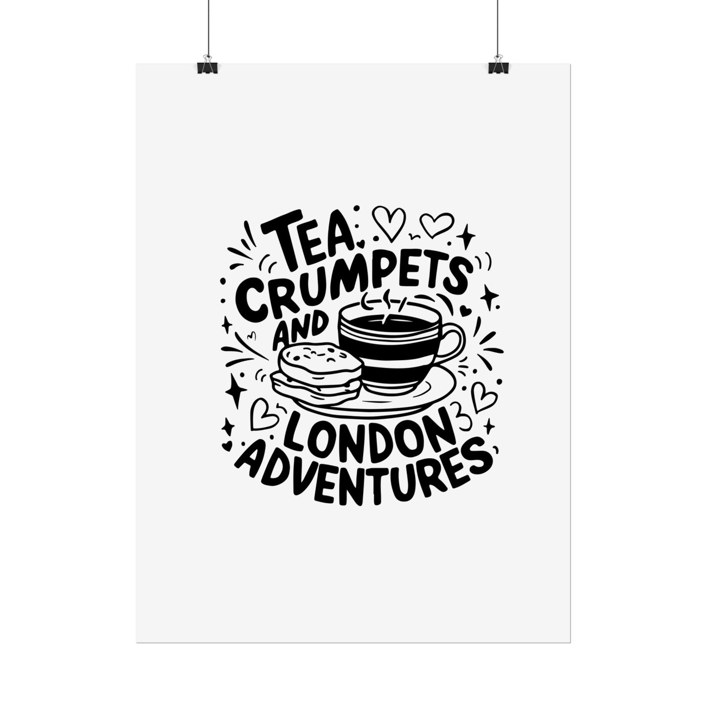 London Adventure Tea Crumpet Rolled Poster, Cute Wall Art, Gift for Tea Lovers, Home Decor, Travel Enthusiasts