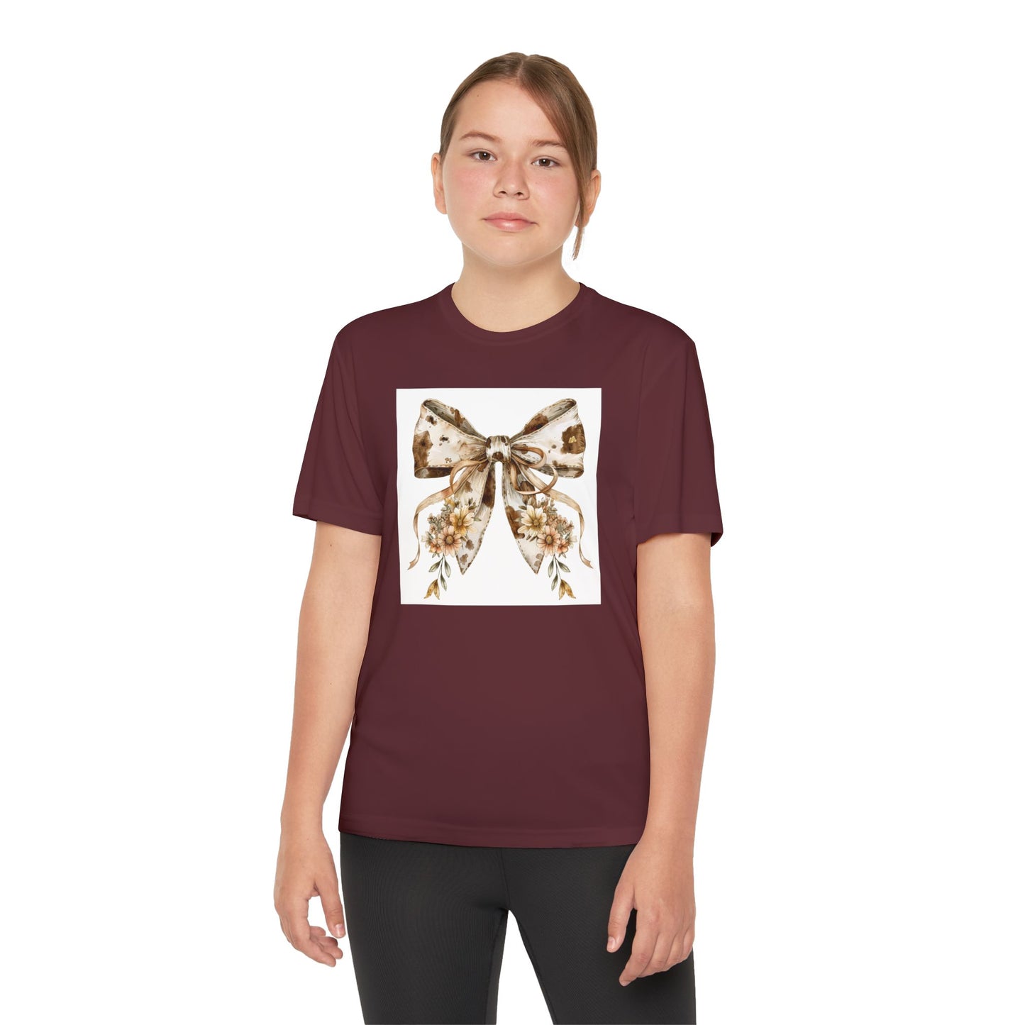 Youth Tee - Country Style Cow Print Bow with Wildflowers - Cute and Stylish T-Shirt for Kids