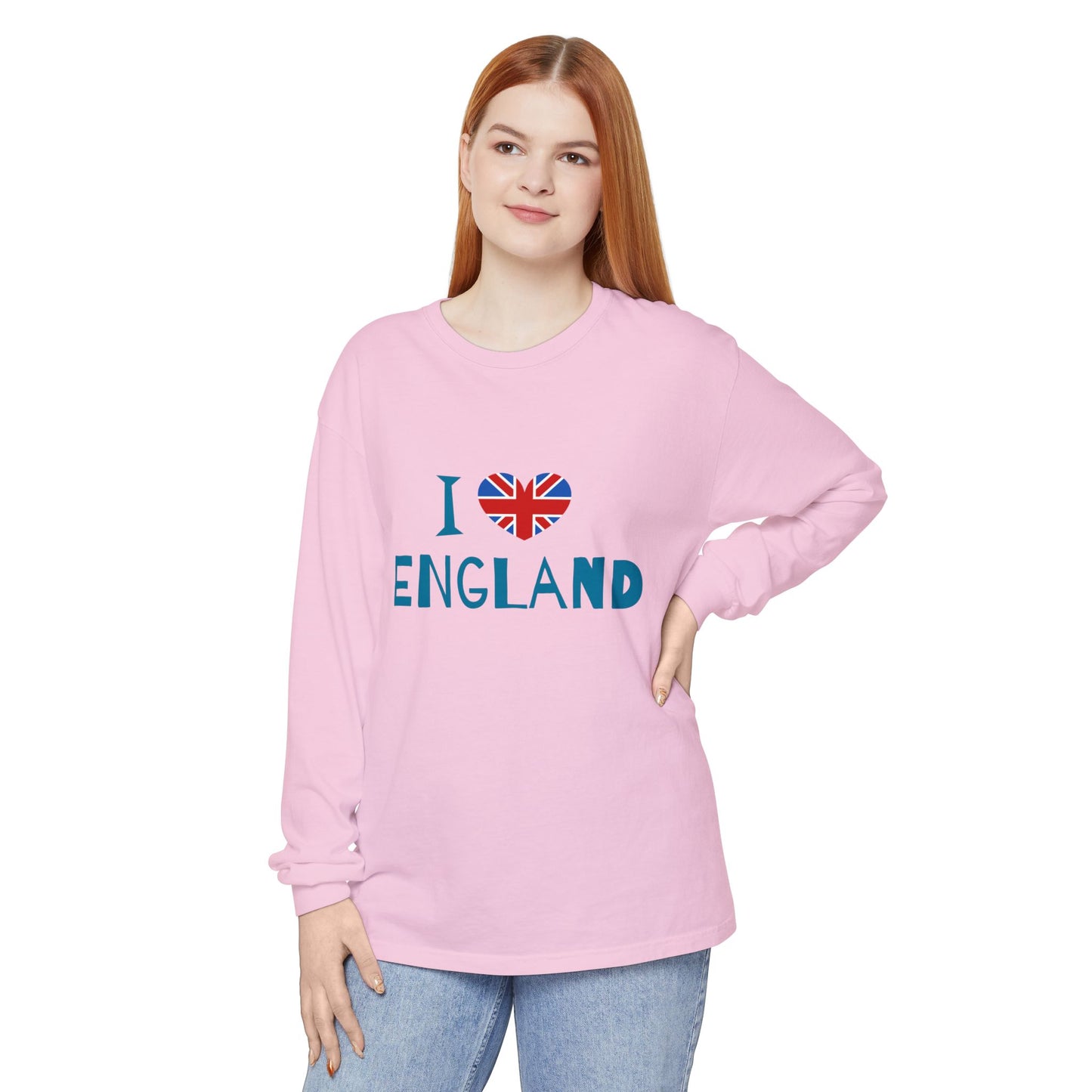 Unisex Garment-dyed Long Sleeve T-Shirt - I Love England - Union Jack Heart Design