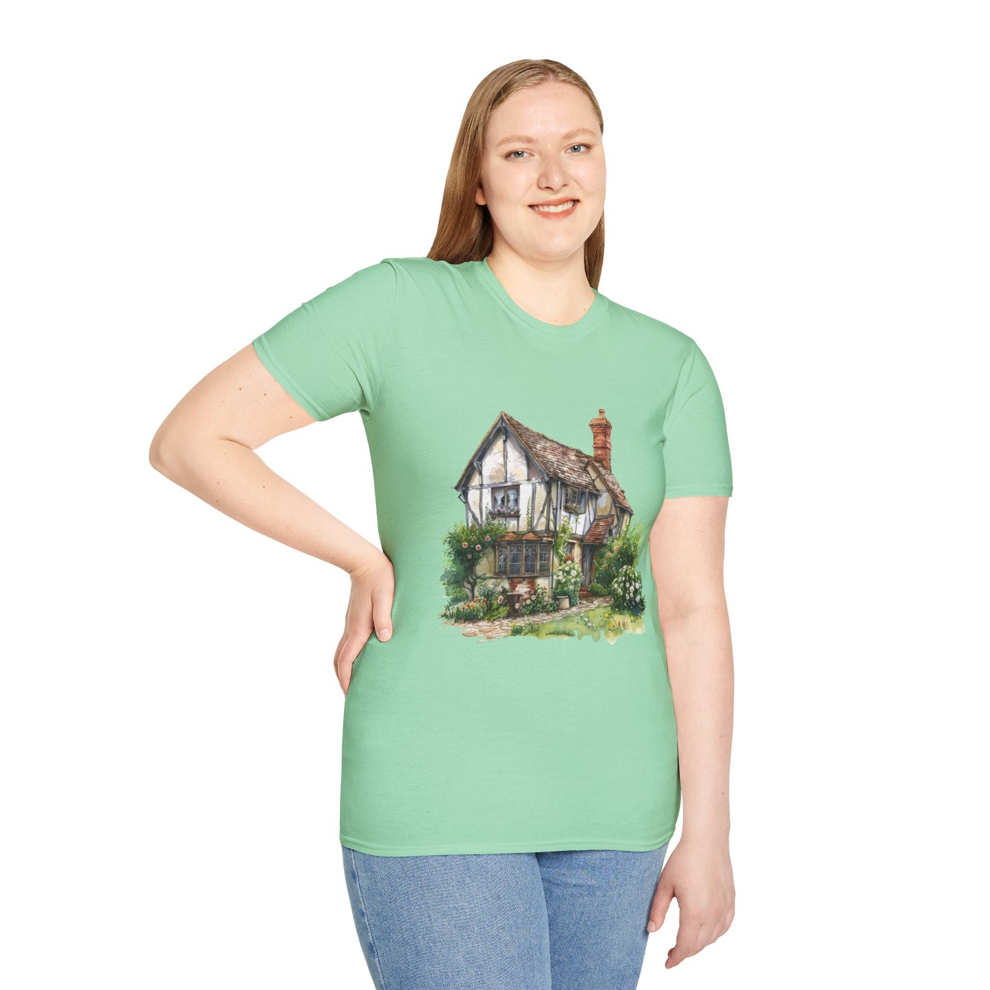 Unisex Softstyle T-Shirt - Rustic Retreat - The Quintessential British Village House