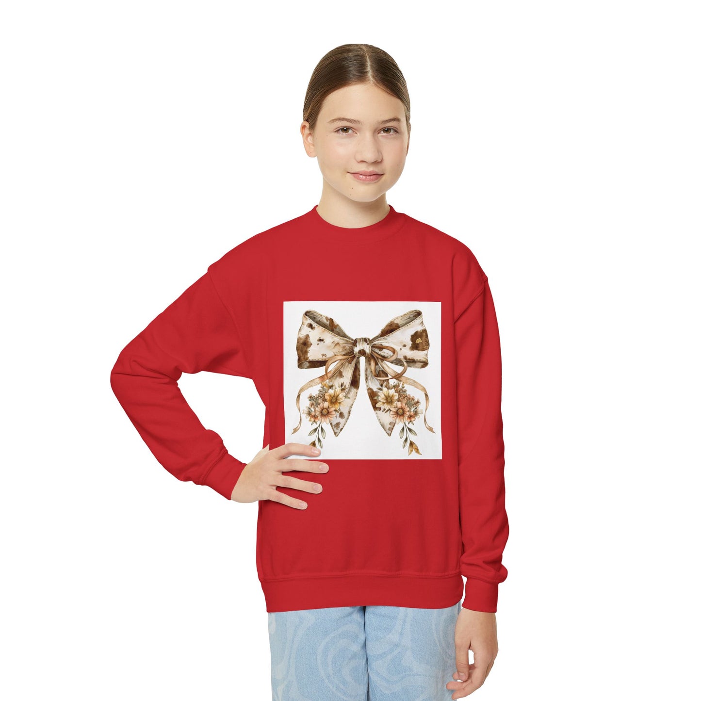 Floral Bow Youth Crewneck Sweatshirt - Cozy Fashion for Kids