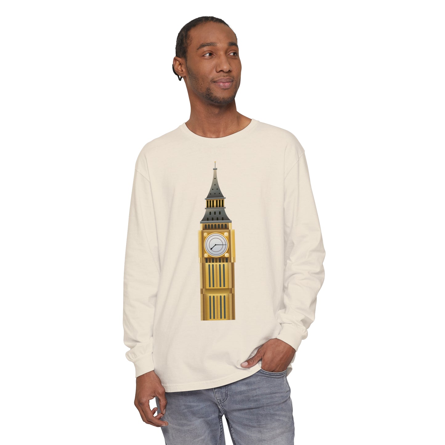 Unisex Garment-dyed Long Sleeve T-Shirt - Iconic Big Ben Clock Tower Design