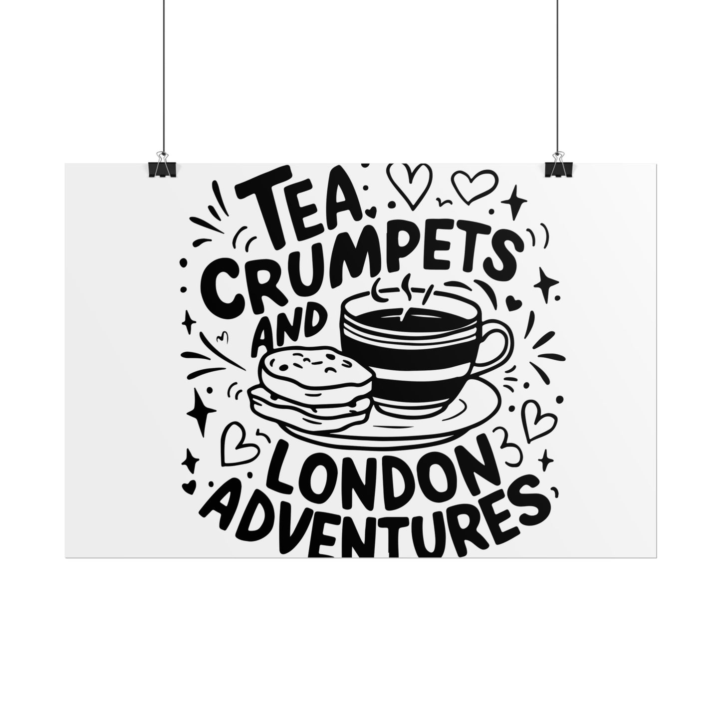London Adventure Tea Crumpet Rolled Poster, Cute Wall Art, Gift for Tea Lovers, Home Decor, Travel Enthusiasts