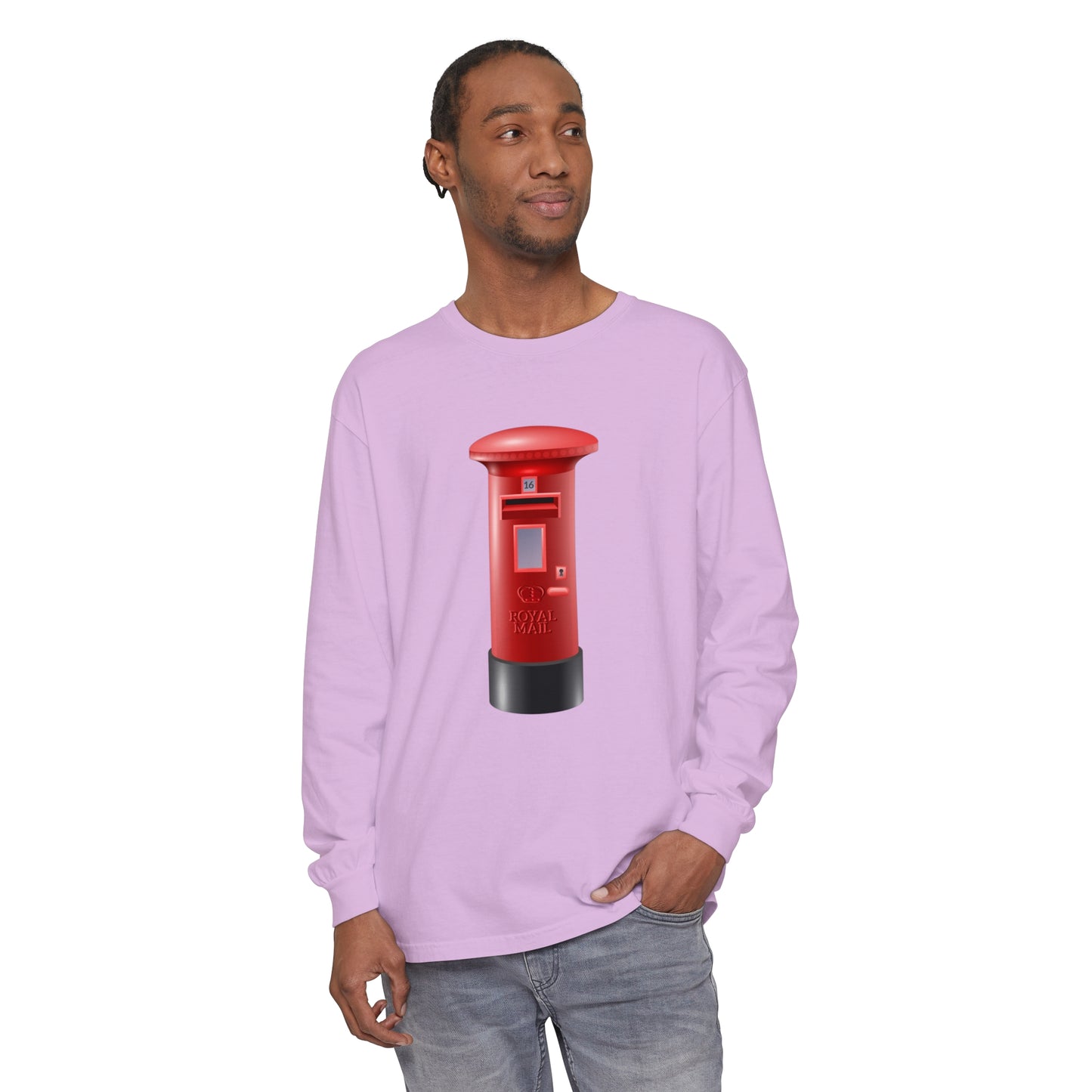Unisex Garment-dyed Long Sleeve T-Shirt - Classic UK Royal Mailbox Design - British Postbox Icon