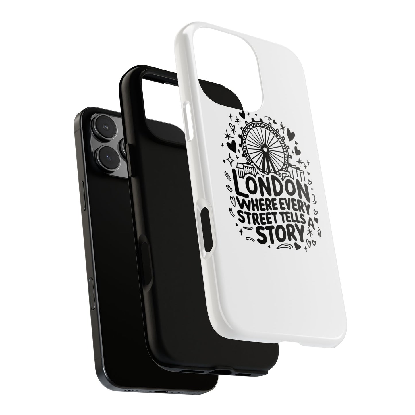 London Story Phone Case, Tough iPhone Cover, Gift for Travelers, London Souvenir, Black Typography Design