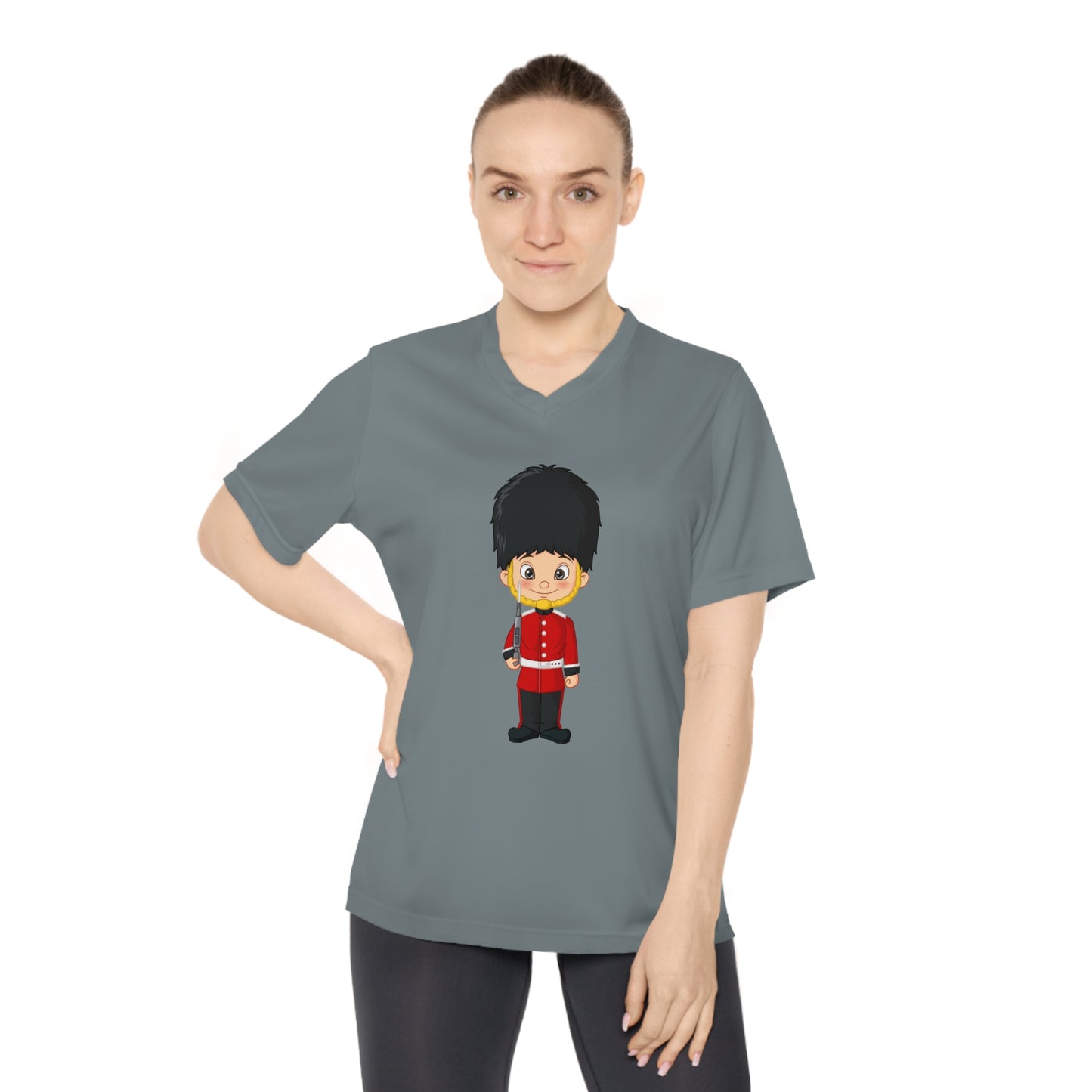 Women's Performance V-Neck T-Shirt - Cartoon Guard Design - British Royal Guard - Iconic Symbol of Tradition and Honor