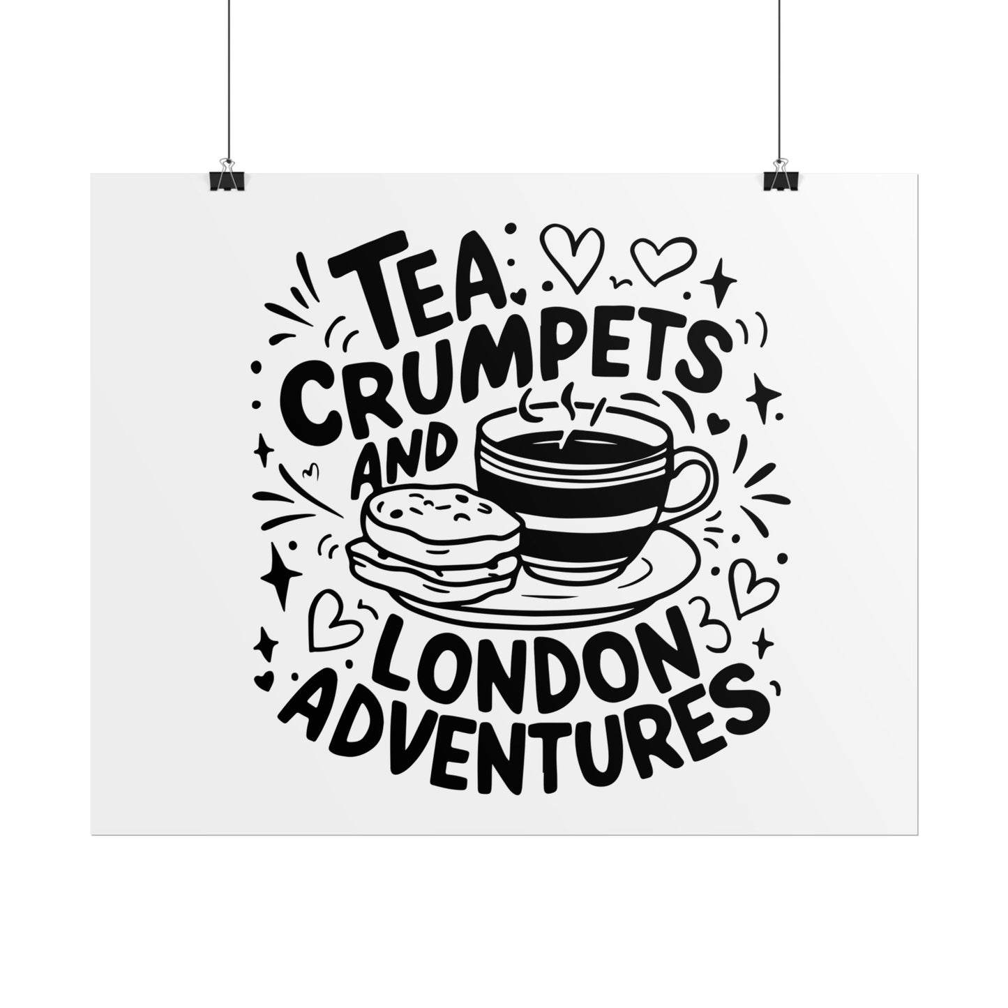 London Adventure Tea Crumpet Rolled Poster, Cute Wall Art, Gift for Tea Lovers, Home Decor, Travel Enthusiasts