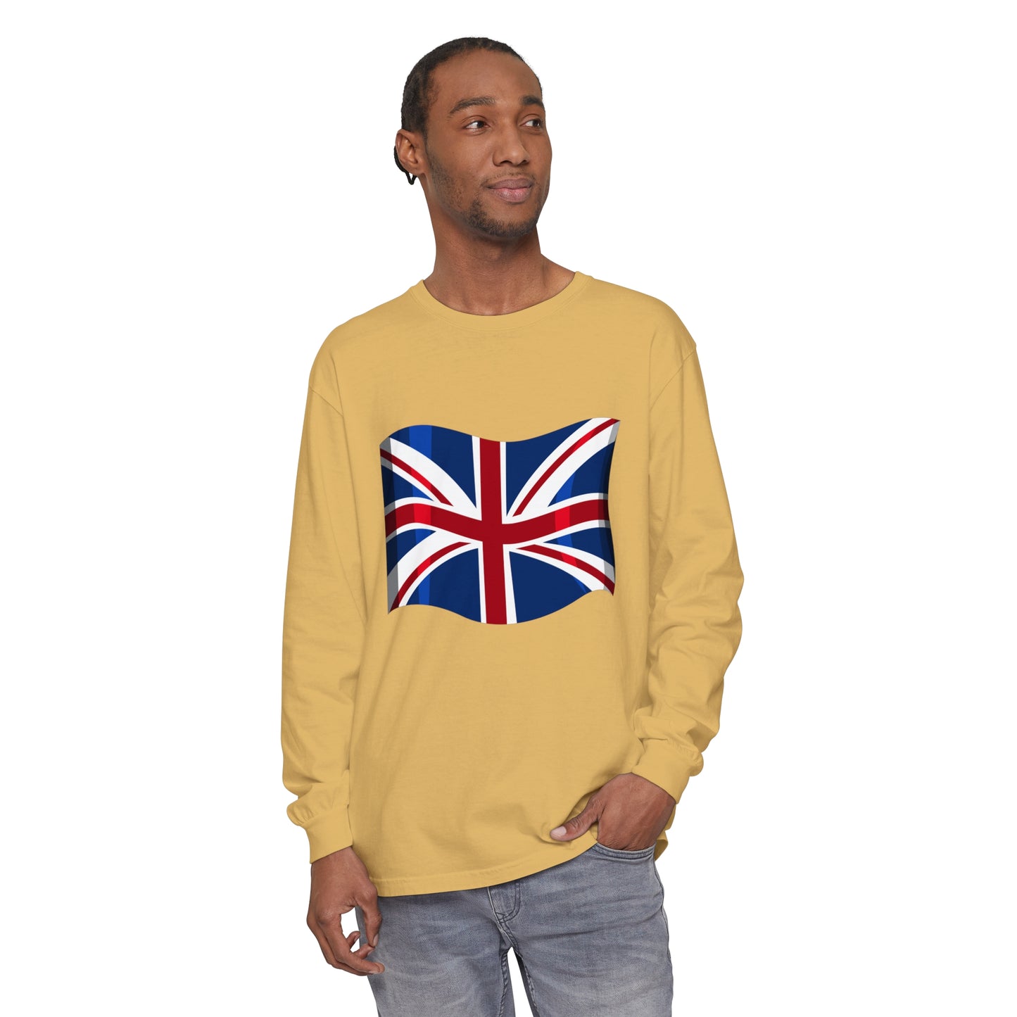 Unisex Garment-dyed Long Sleeve T-Shirt - Classic UK Flag Design - Union Jack Symbol