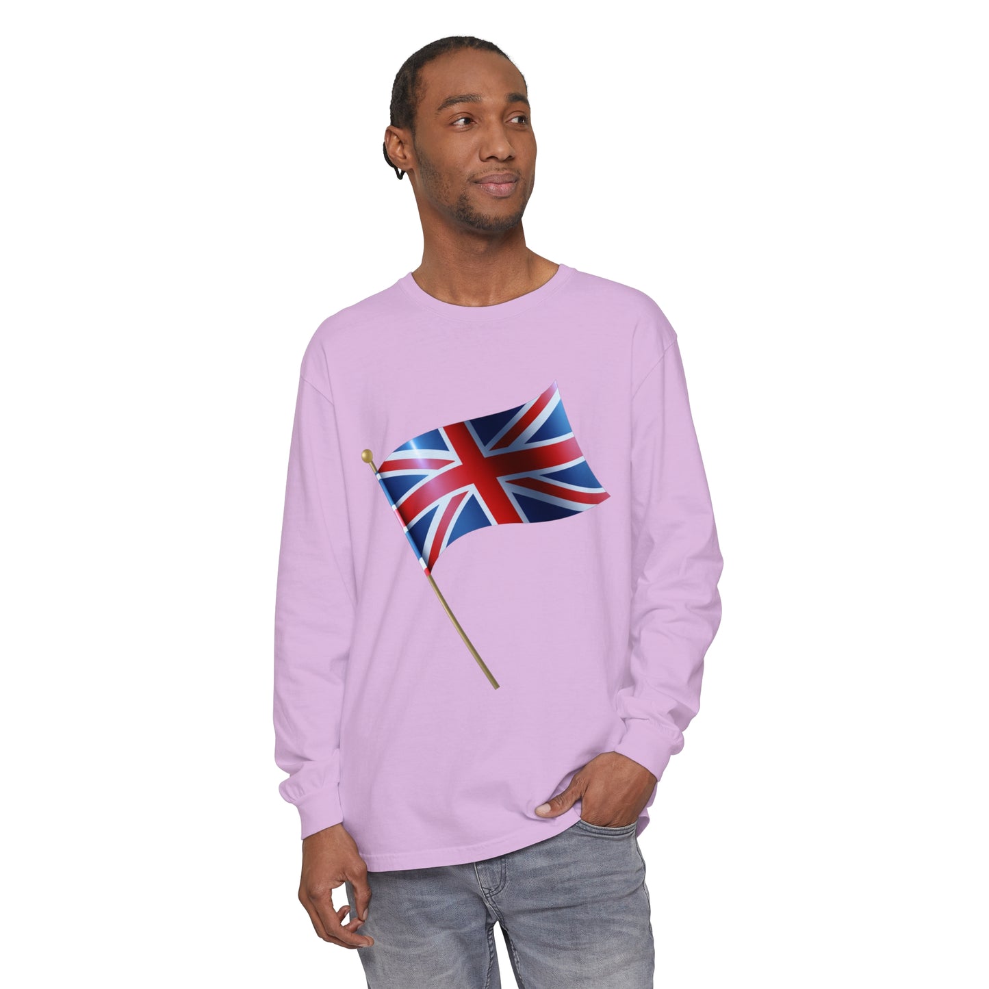 Unisex Garment-dyed Long Sleeve T-Shirt - Classic UK Flag Design - Union Jack Symbol