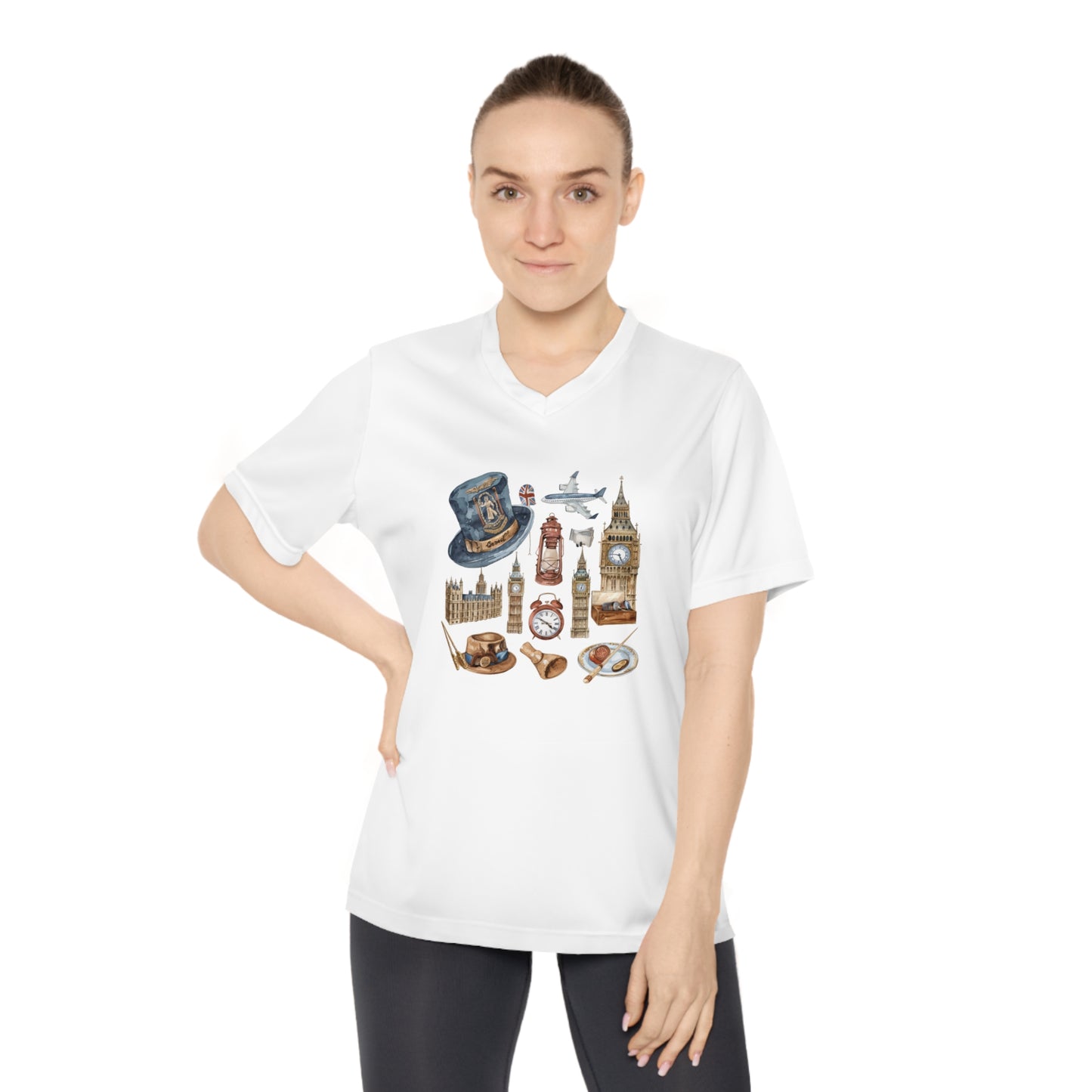 Women Performance V-Neck T-Shirt - Watercolor England Icons Wall Art