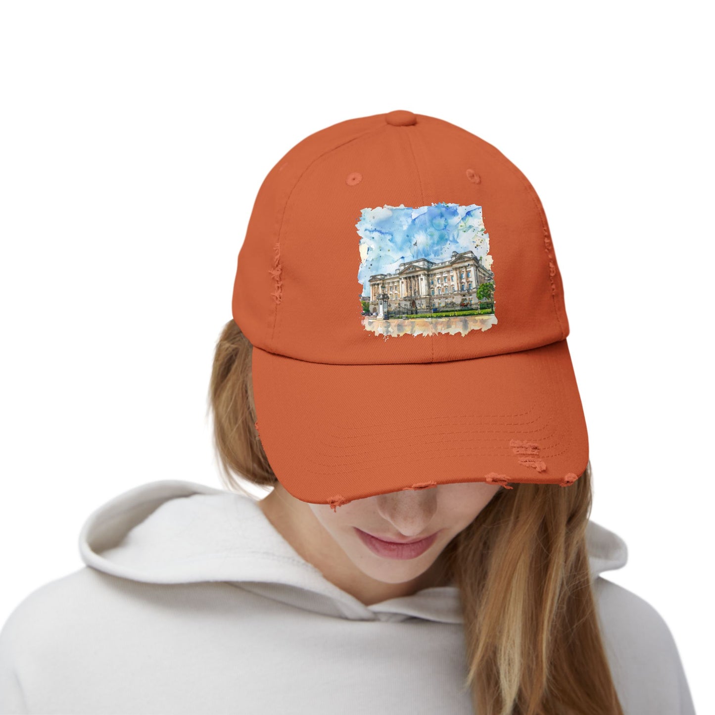 Watercolor Landmark Distressed Cap, Fashion Hat, Streetwear, Travel Gift, Summer Accessory, Vacation Outfit