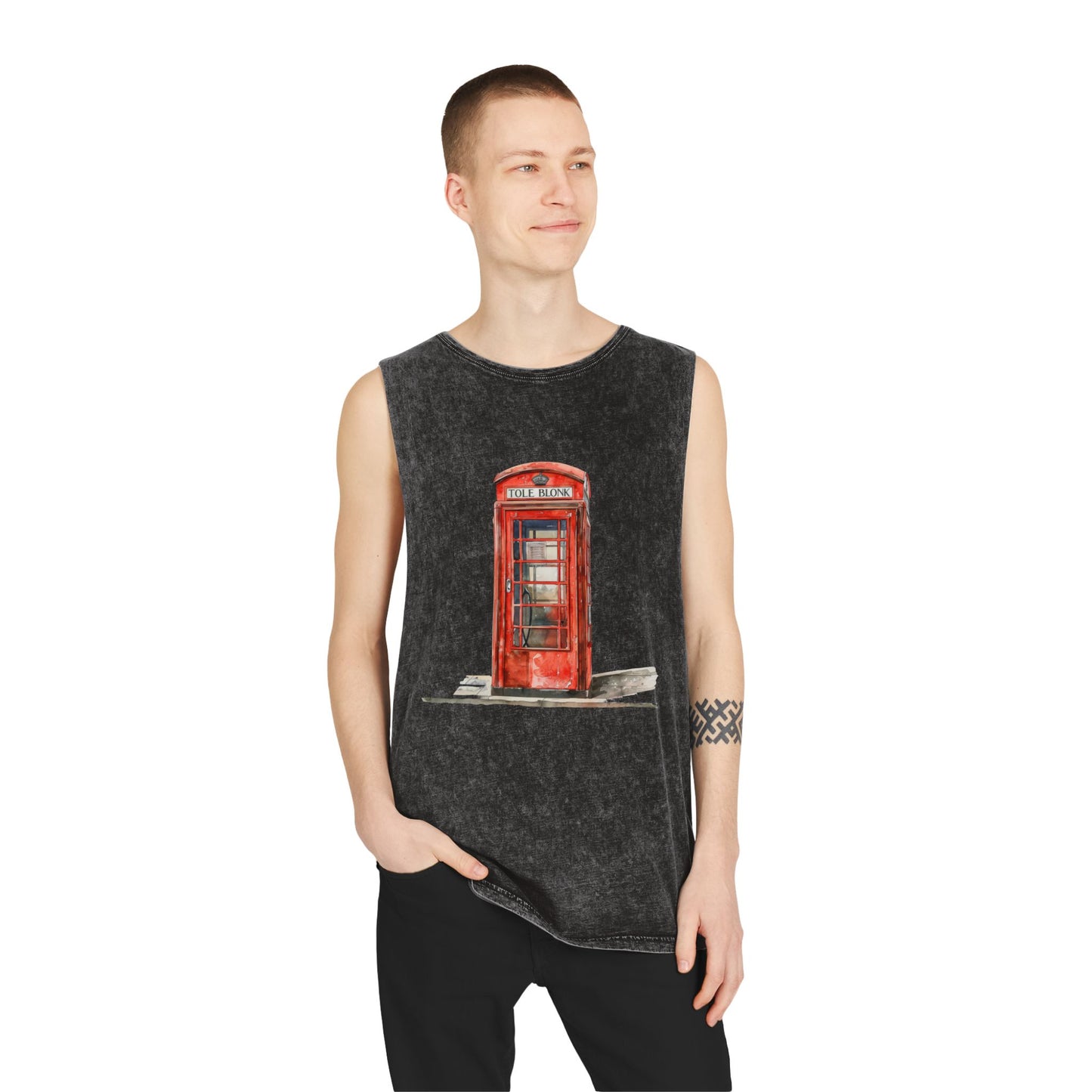 Unisex Stonewash Tank Top -  Iconic British Public Telephone - Classic Red Phone Box