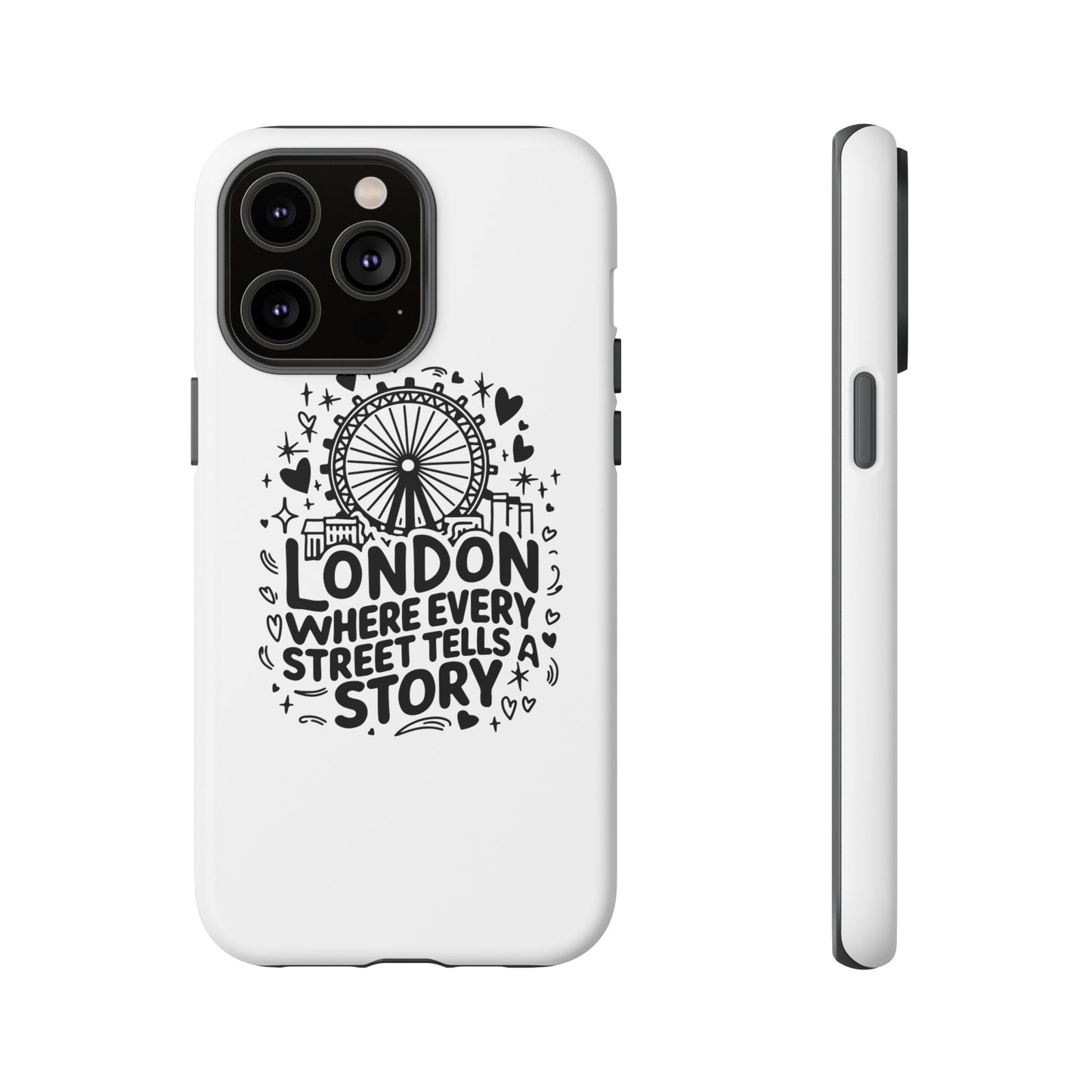 London Story Phone Case, Tough iPhone Cover, Gift for Travelers, London Souvenir, Black Typography Design