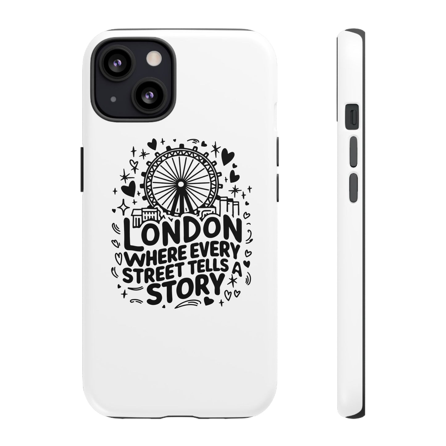 London Story Phone Case, Tough iPhone Cover, Gift for Travelers, London Souvenir, Black Typography Design
