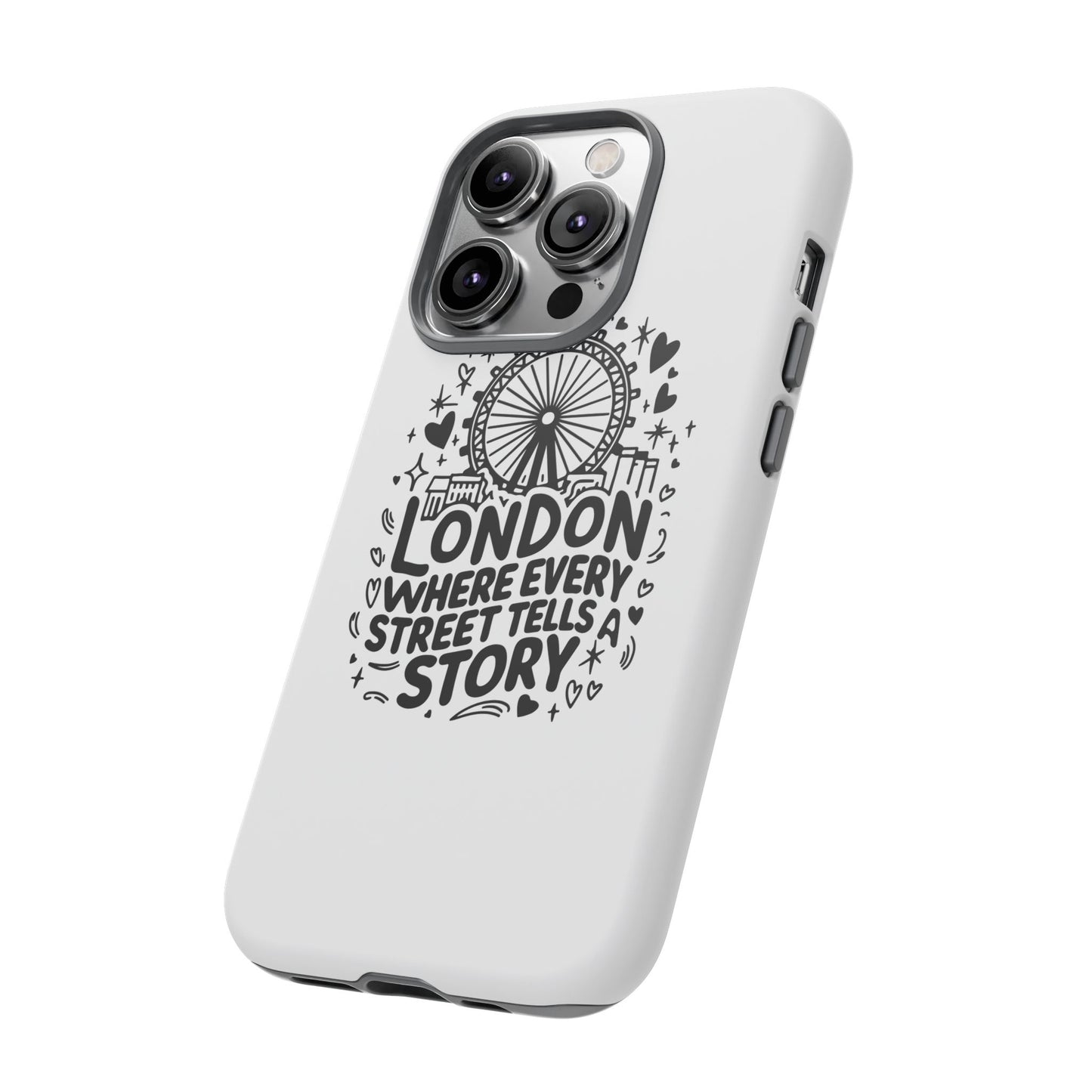 London Story Phone Case, Tough iPhone Cover, Gift for Travelers, London Souvenir, Black Typography Design