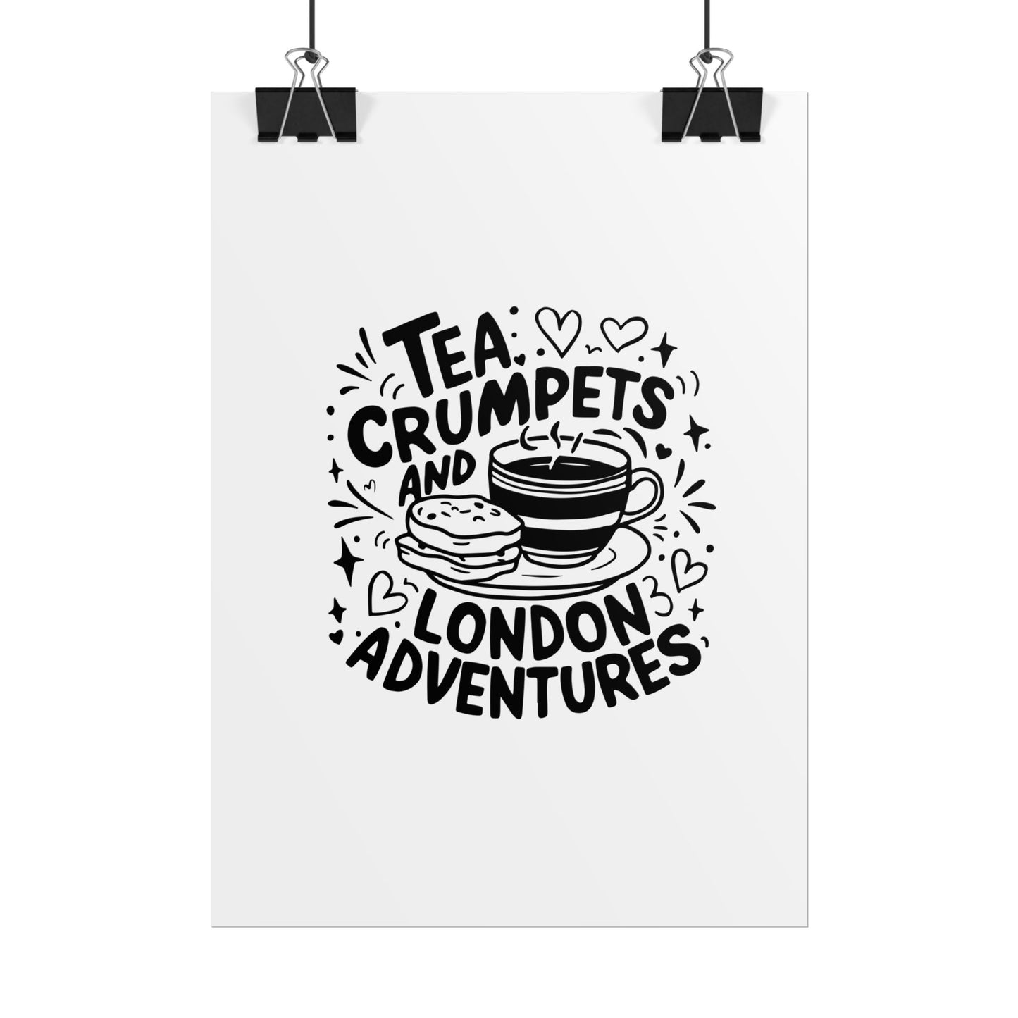 London Adventure Tea Crumpet Rolled Poster, Cute Wall Art, Gift for Tea Lovers, Home Decor, Travel Enthusiasts