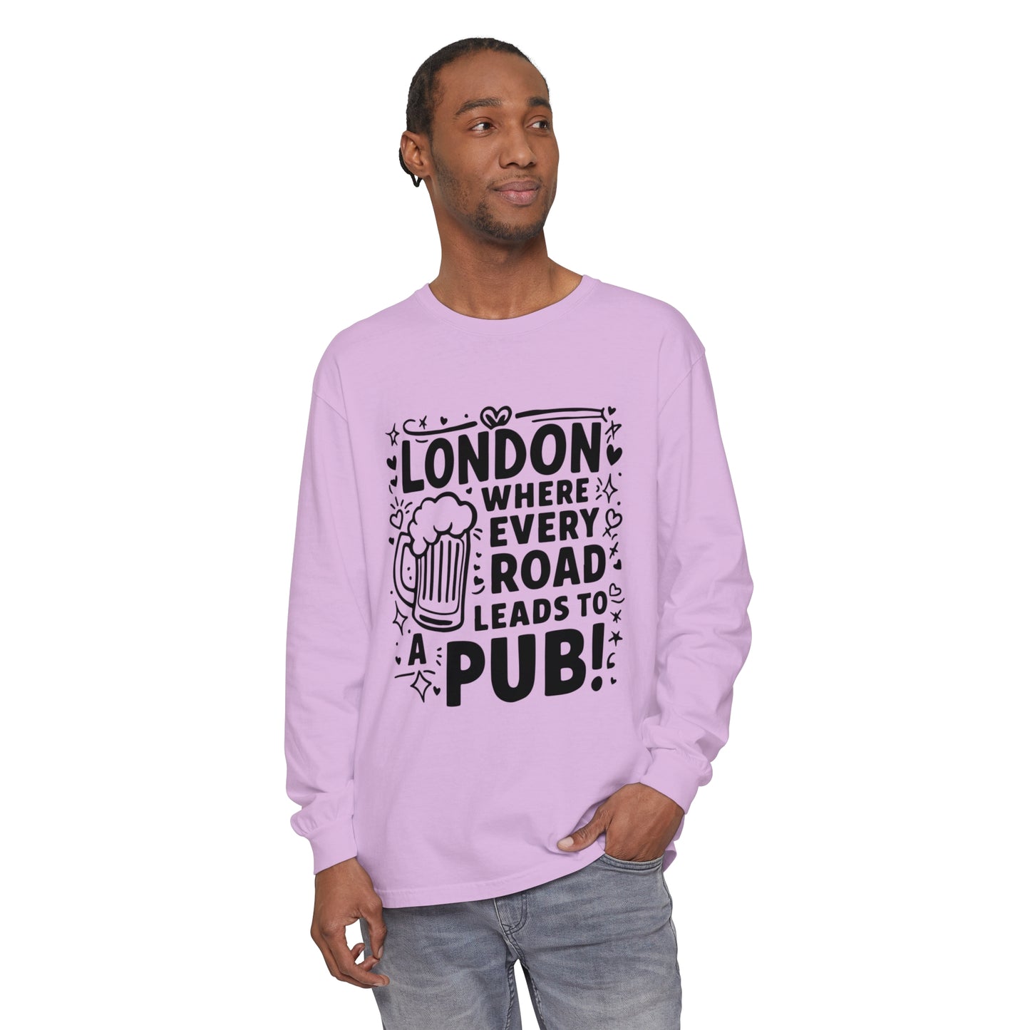 Unisex Garment-dyed Long Sleeve T-Shirt - London's Pub Leading Roads