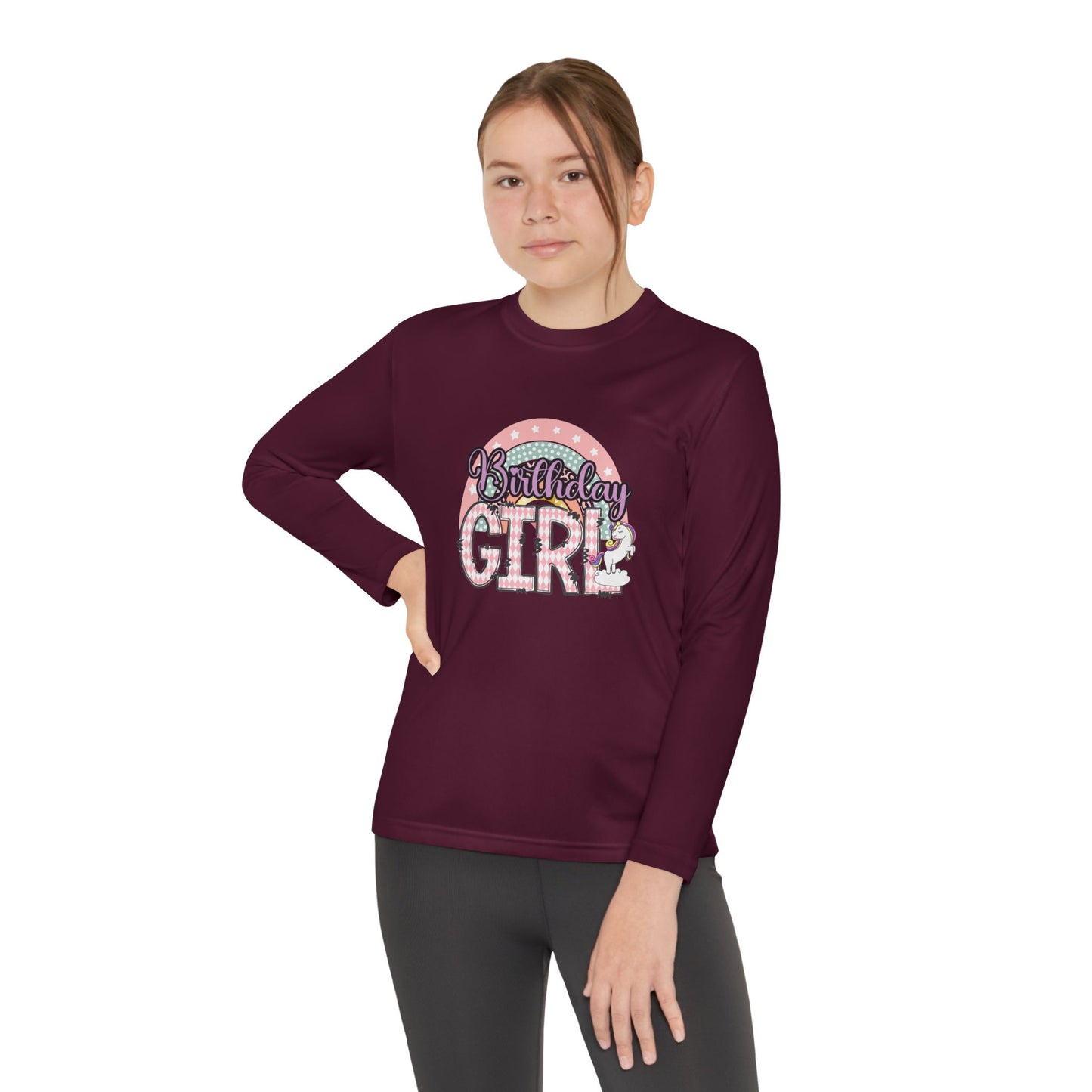 Youth Long Sleeve Competitor Tee - Birthday Girl Pink Rainbow Animal Print Clipart