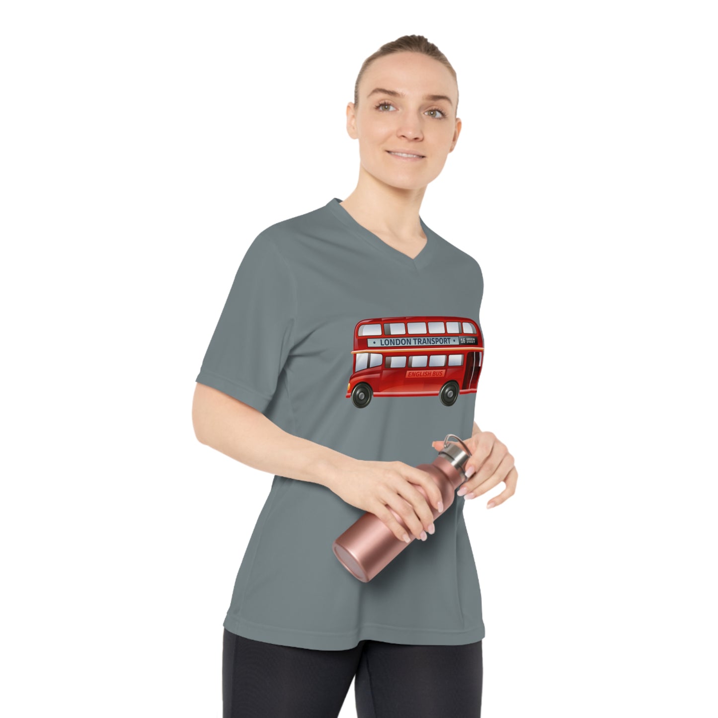 Women's Performance V-Neck T-Shirt - Vintage British Double-Decker Bus Art Print - Sporty Travel Tee