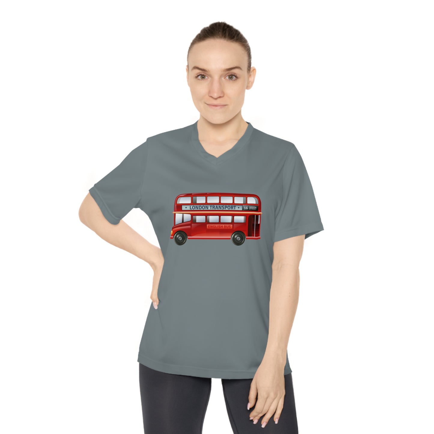 Women's Performance V-Neck T-Shirt - Vintage British Double-Decker Bus Art Print - Sporty Travel Tee