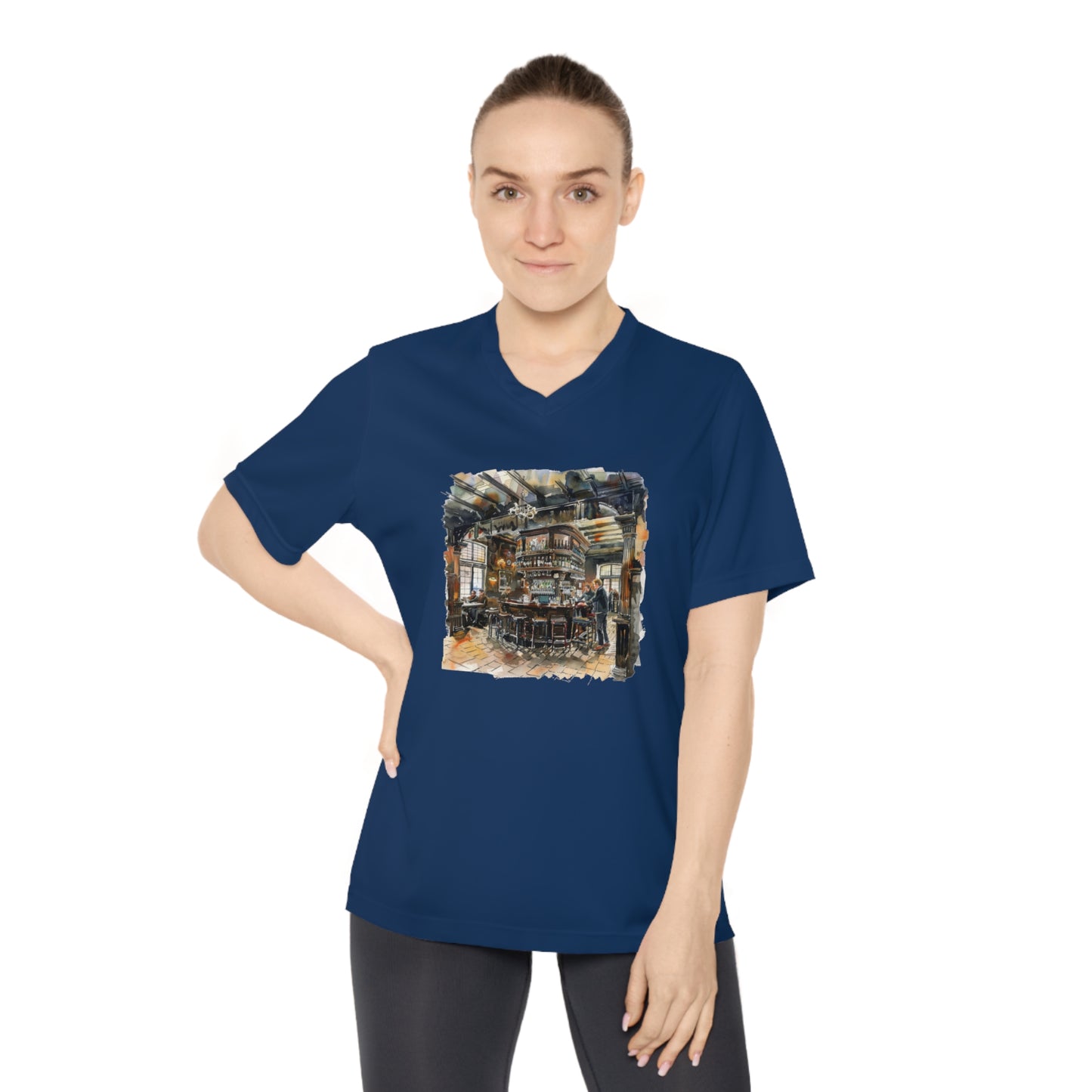 Women's Performance V-Neck T-Shirt - Rustic Bar Interior Watercolor Painting