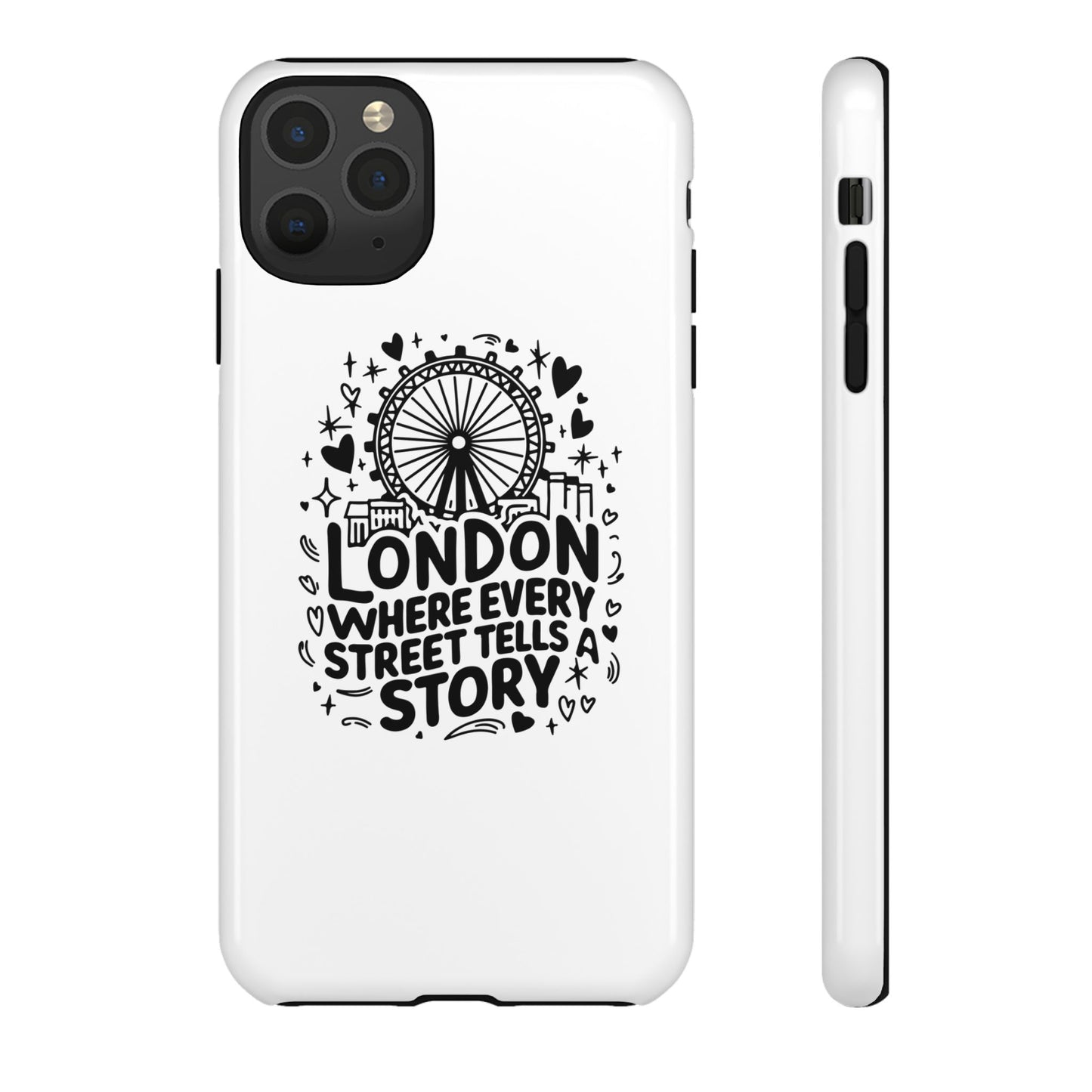 London Story Phone Case, Tough iPhone Cover, Gift for Travelers, London Souvenir, Black Typography Design