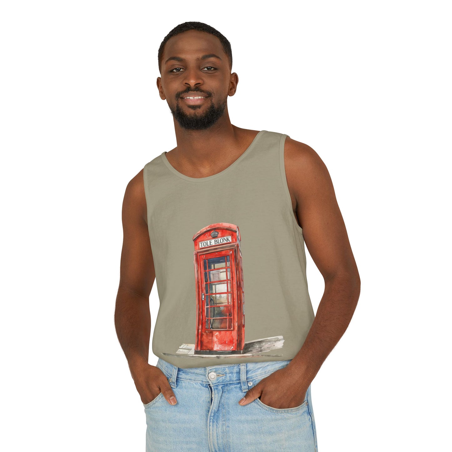 Unisex Garment-Dyed Tank Top - Iconic British Public Telephone - Classic Red Phone Box