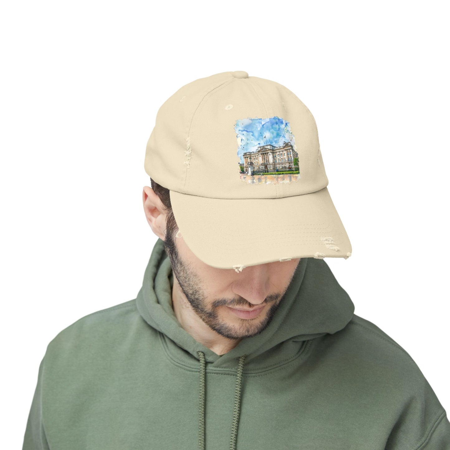 Watercolor Landmark Distressed Cap, Fashion Hat, Streetwear, Travel Gift, Summer Accessory, Vacation Outfit