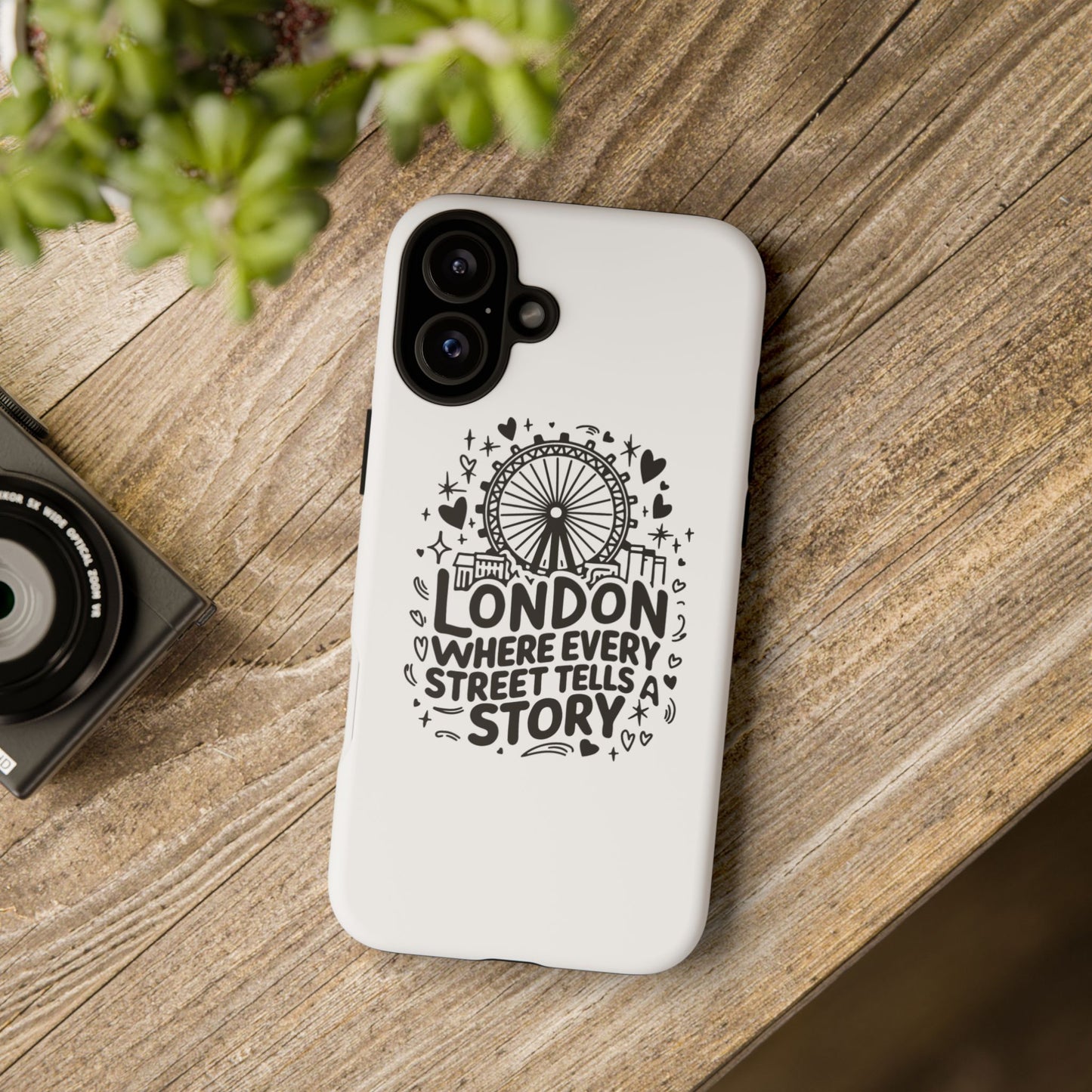 London Story Phone Case, Tough iPhone Cover, Gift for Travelers, London Souvenir, Black Typography Design