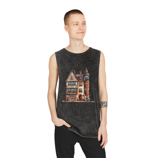 Unisex Stonewash Tank Top - Charming British House - Classic Design and Warmth