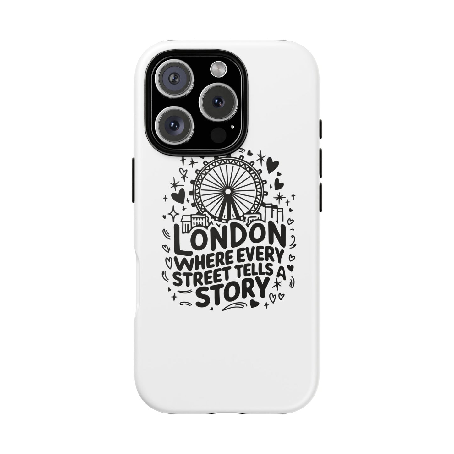 London Story Phone Case, Tough iPhone Cover, Gift for Travelers, London Souvenir, Black Typography Design