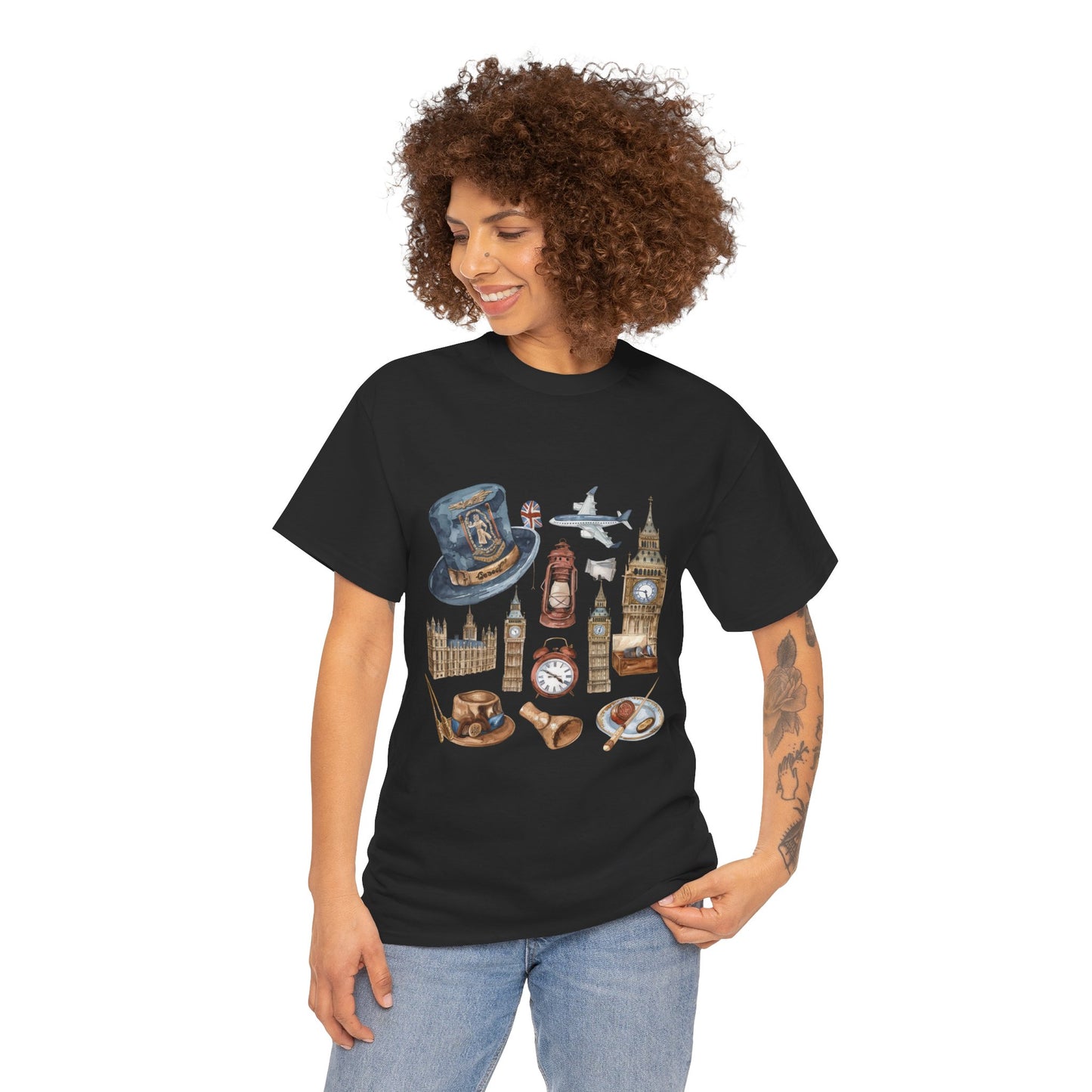 Unisex Heavy Cotton Tee - Icons of England - From Big Ben to Red Buses