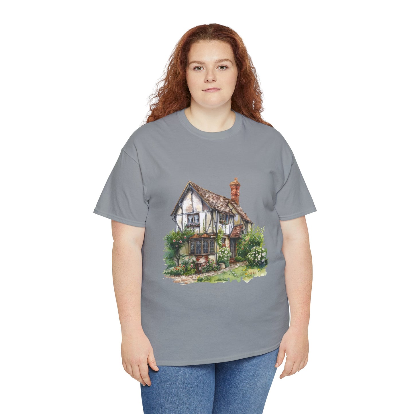 Unisex Heavy Cotton Tee - Countryside Charm - The Classic British Village House