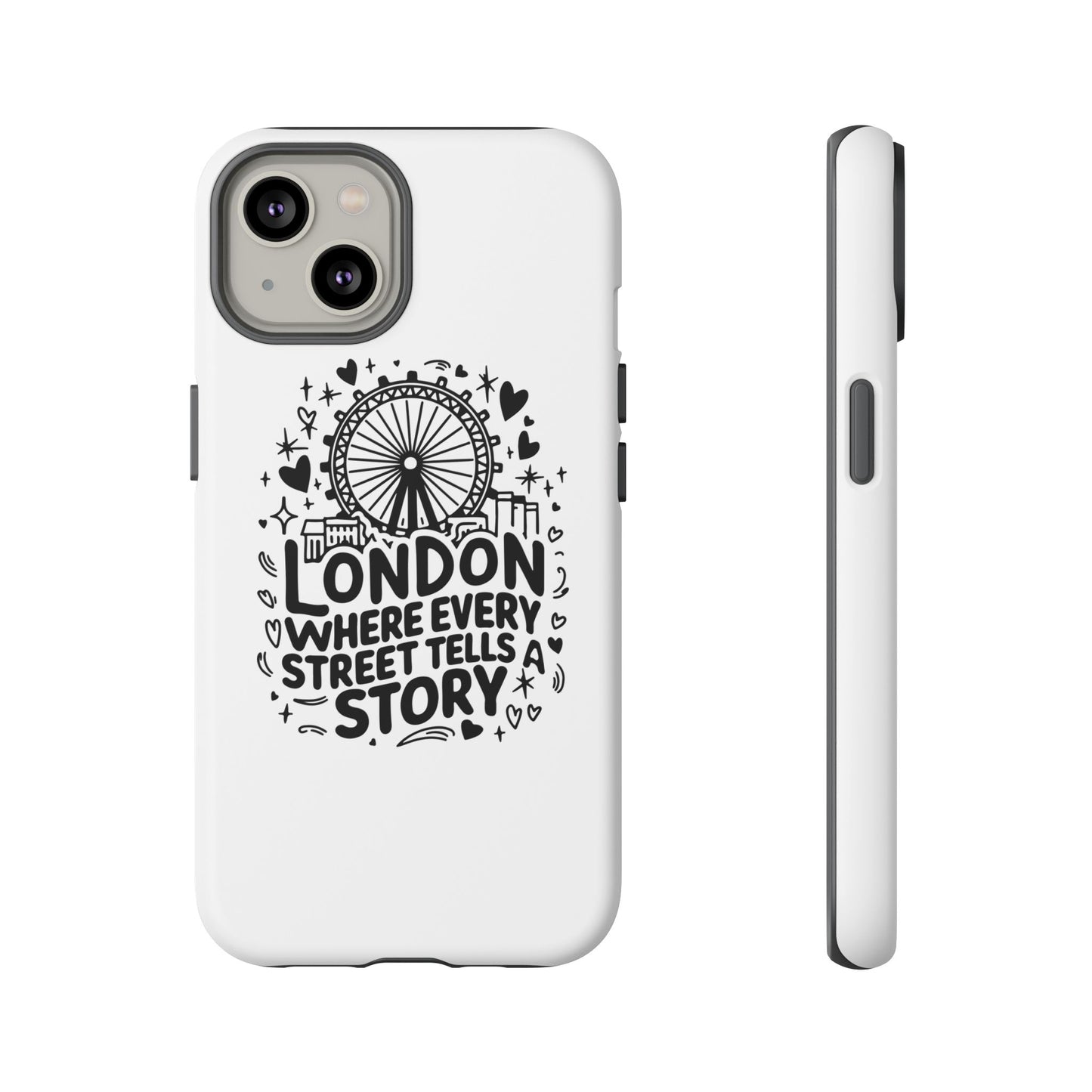 London Story Phone Case, Tough iPhone Cover, Gift for Travelers, London Souvenir, Black Typography Design
