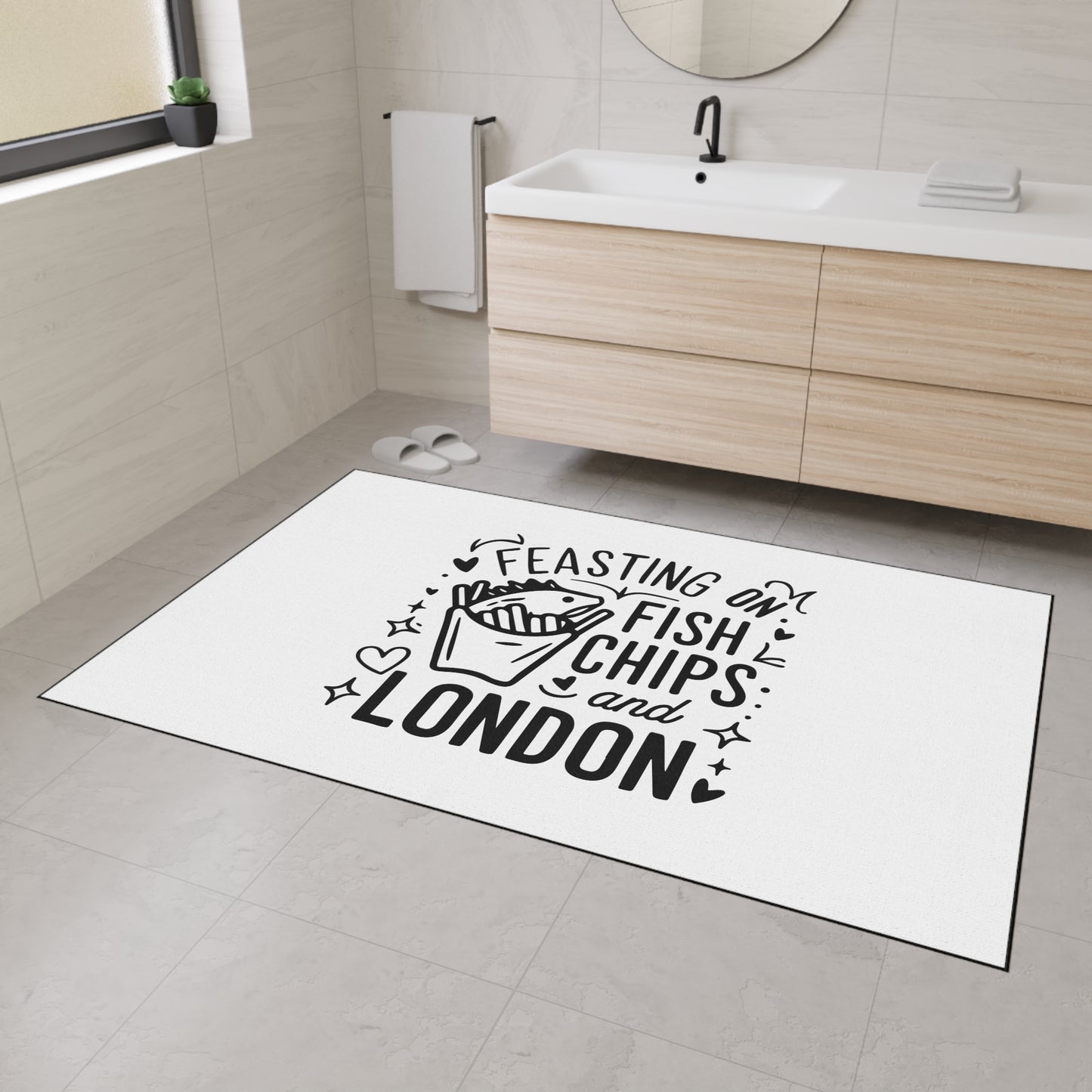 Feasting on Fish and Chips Floor Mat | Kitchen Decor | Home Welcome Mat | Fun Doormat | Gift for Fish Lovers | London-Themed Decor