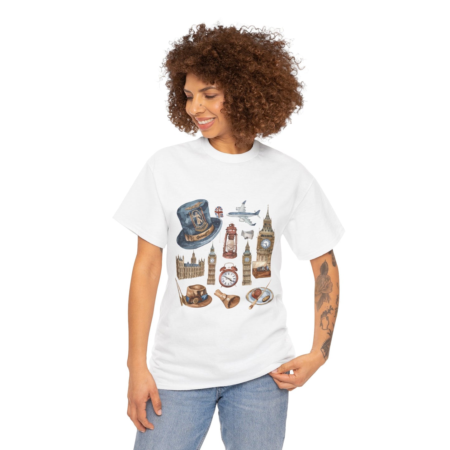 Unisex Heavy Cotton Tee - Icons of England - From Big Ben to Red Buses