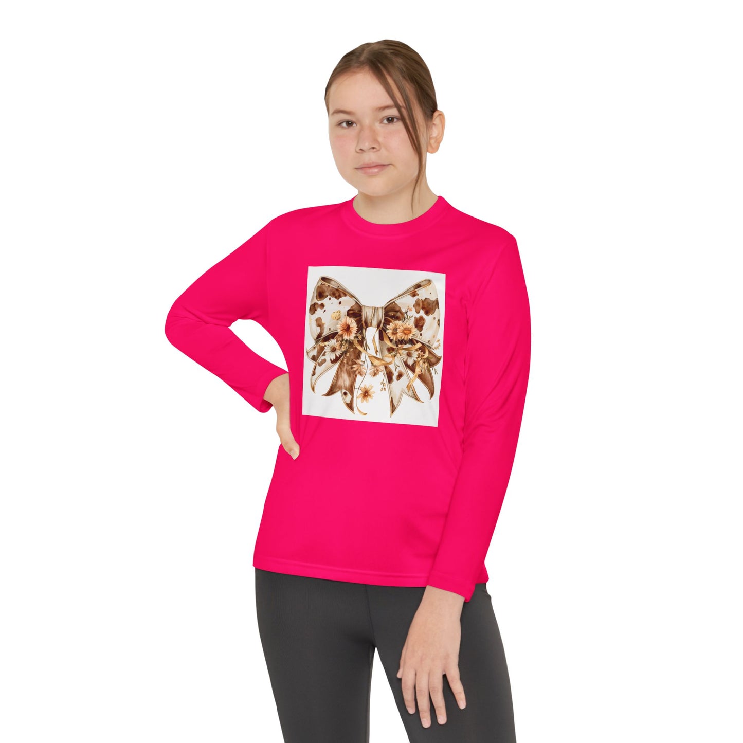 Youth Long Sleeve Tee - Western Cow Print Bow with Floral Accents Clipart - Stylish & Comfortable